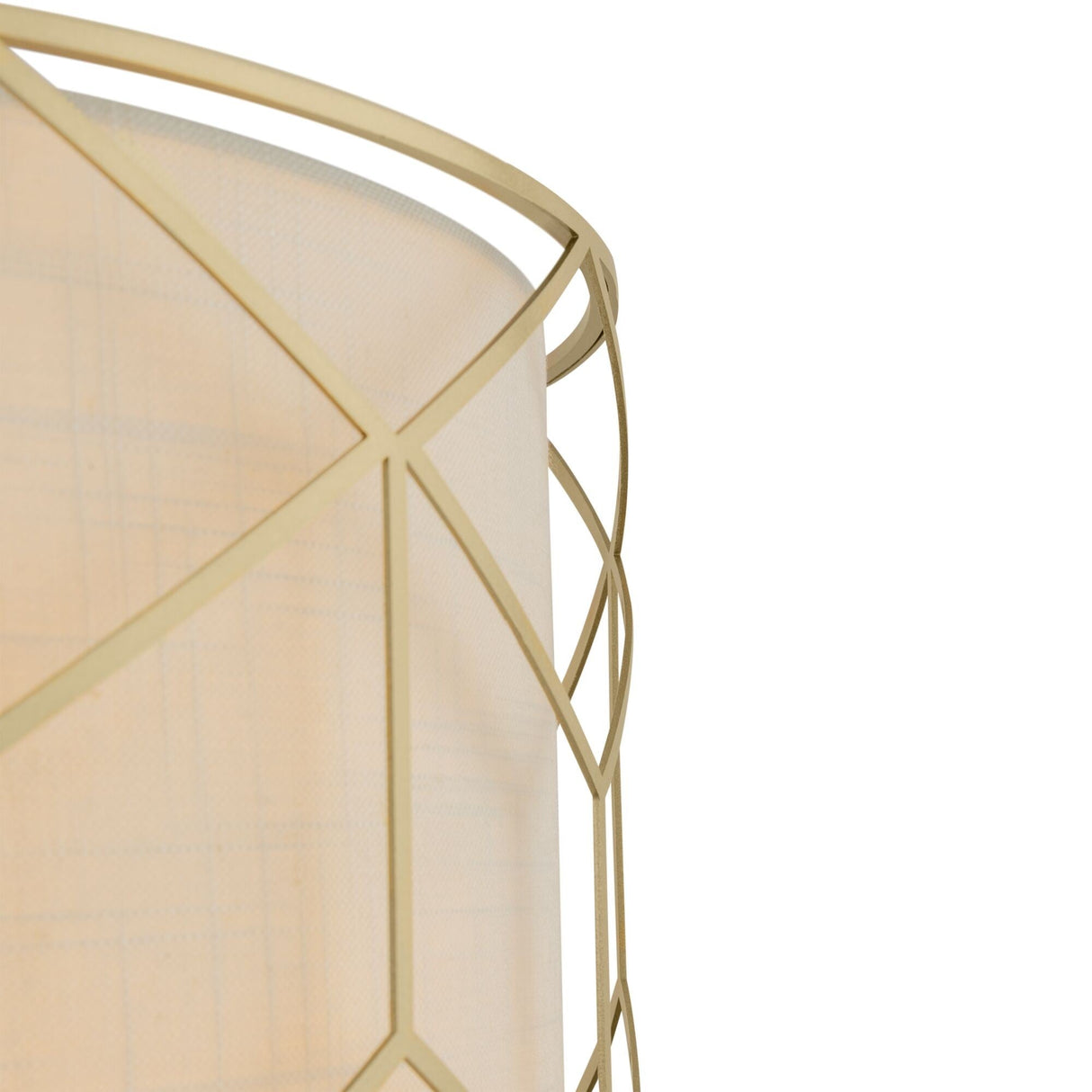 Close-up of a beige linen lampshade with a gold geometric metal frame, reminiscent of the Messina Chandeliers elegance. The intersecting lines create diamond shapes around the shade, and the fabric has a subtle texture.