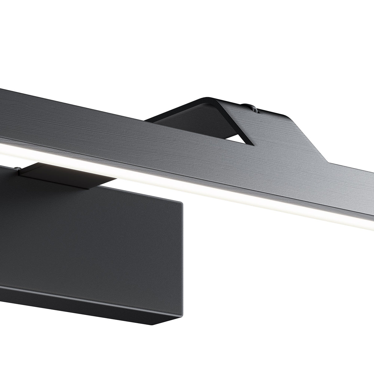 Close-up view of the Decart LED Picture Light, 12W 4000K in black. This modern fixture showcases a minimalist linear design with a rectangular base and slim extended light bar, ideal for illuminating artwork in contemporary spaces.