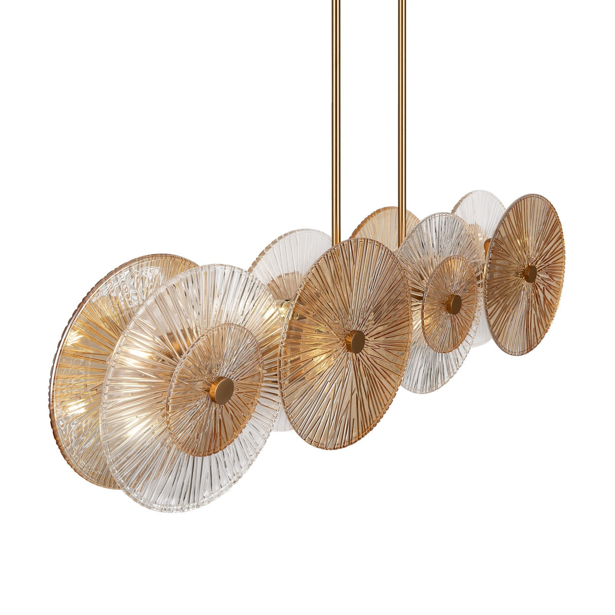 The Aster 8 Light Spherical Suspension Light - Gold features a modern design with circular glass and gold elements in a linear pattern. Its radially textured glass discs create a starburst effect reminiscent of glass spheres, while three vertical rods enhance its elegant, modern appeal.