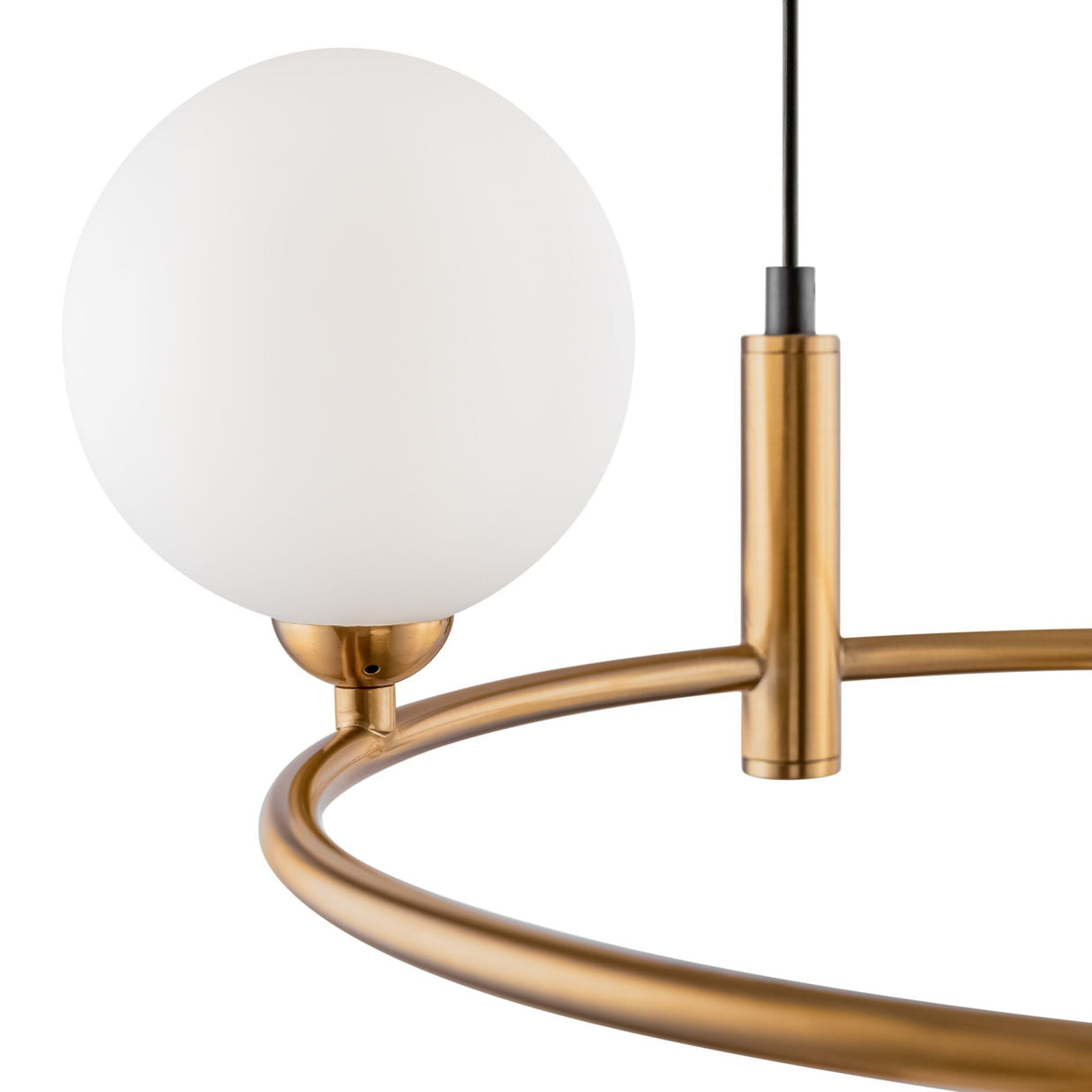Detailed element of ring 4 light circular suspension, emphasizing the harmonious blend of brass and glass.