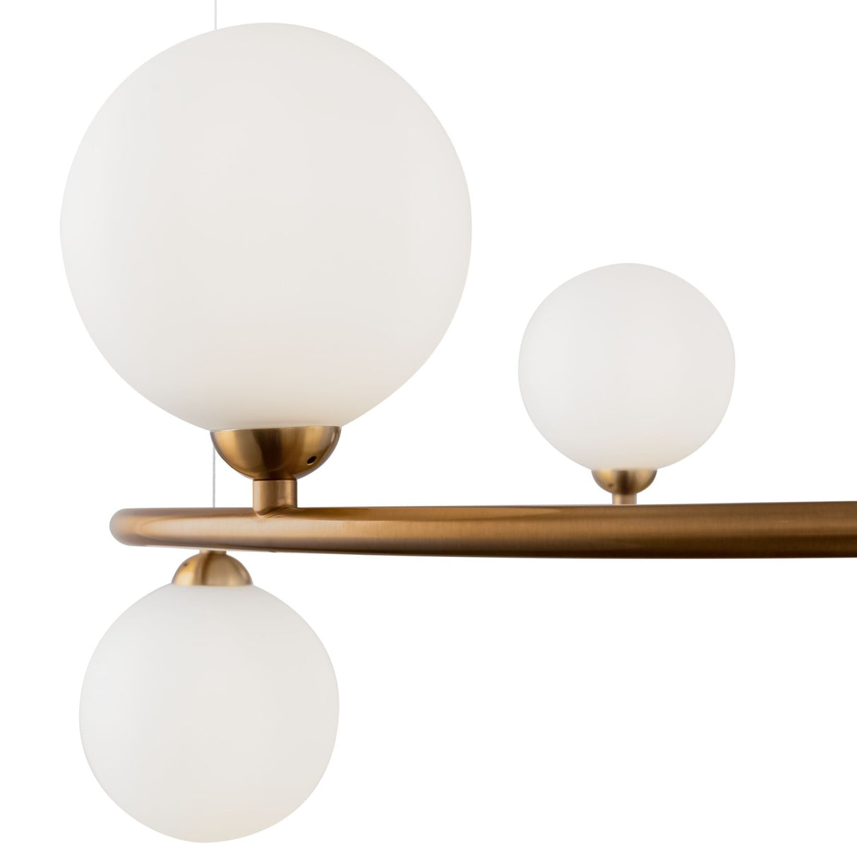 Element detail of ring 6 light circular suspension light in brass, focusing on the elegant brass and glass construction.