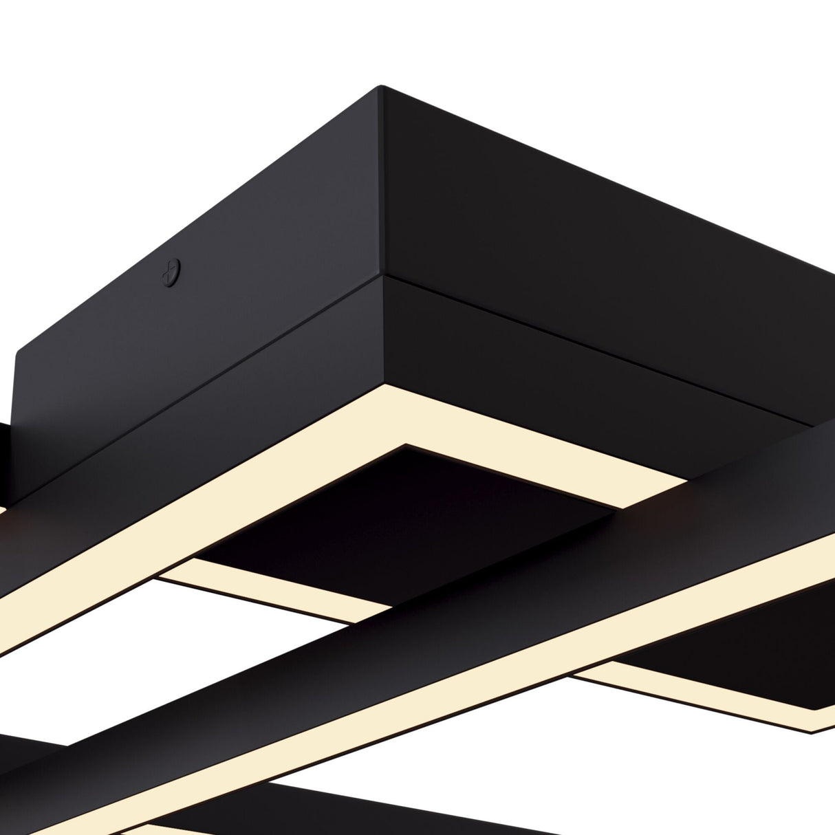 Close-up of the Line LED Ceiling Light - Black, showcasing its matte finish and illuminated edges. This modern design features intersecting rectangular panels emitting a soft white light, with adjustable height for ideal placement in any space.