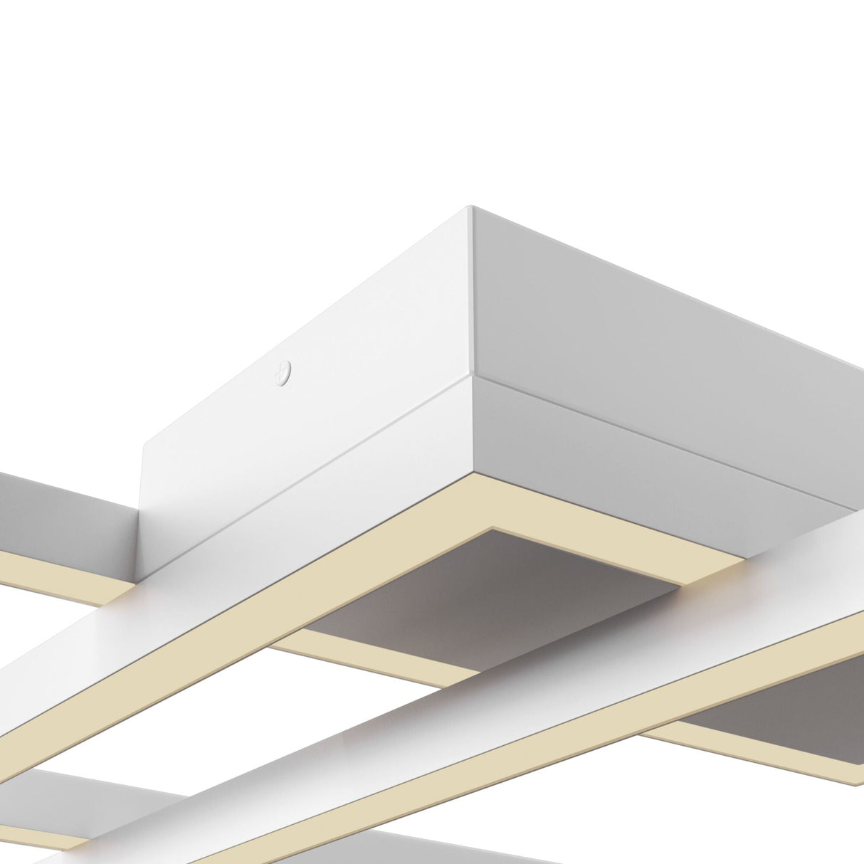 Close-up of the Rida LED Flush Ceiling Light in white, showcasing its modern geometric design with intersecting rectangular frames. Energy-efficient soft yellow lighting illuminates against a plain white background.