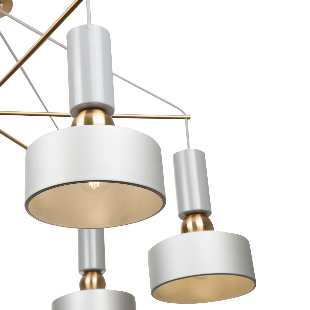 Close-up of the Void 6 Light Chandelier - Grey, highlighting its cylindrical white and gold light fixtures. These modern design elements hang from sleek, adjustable metal rods, exuding a minimalist and contemporary elegance.