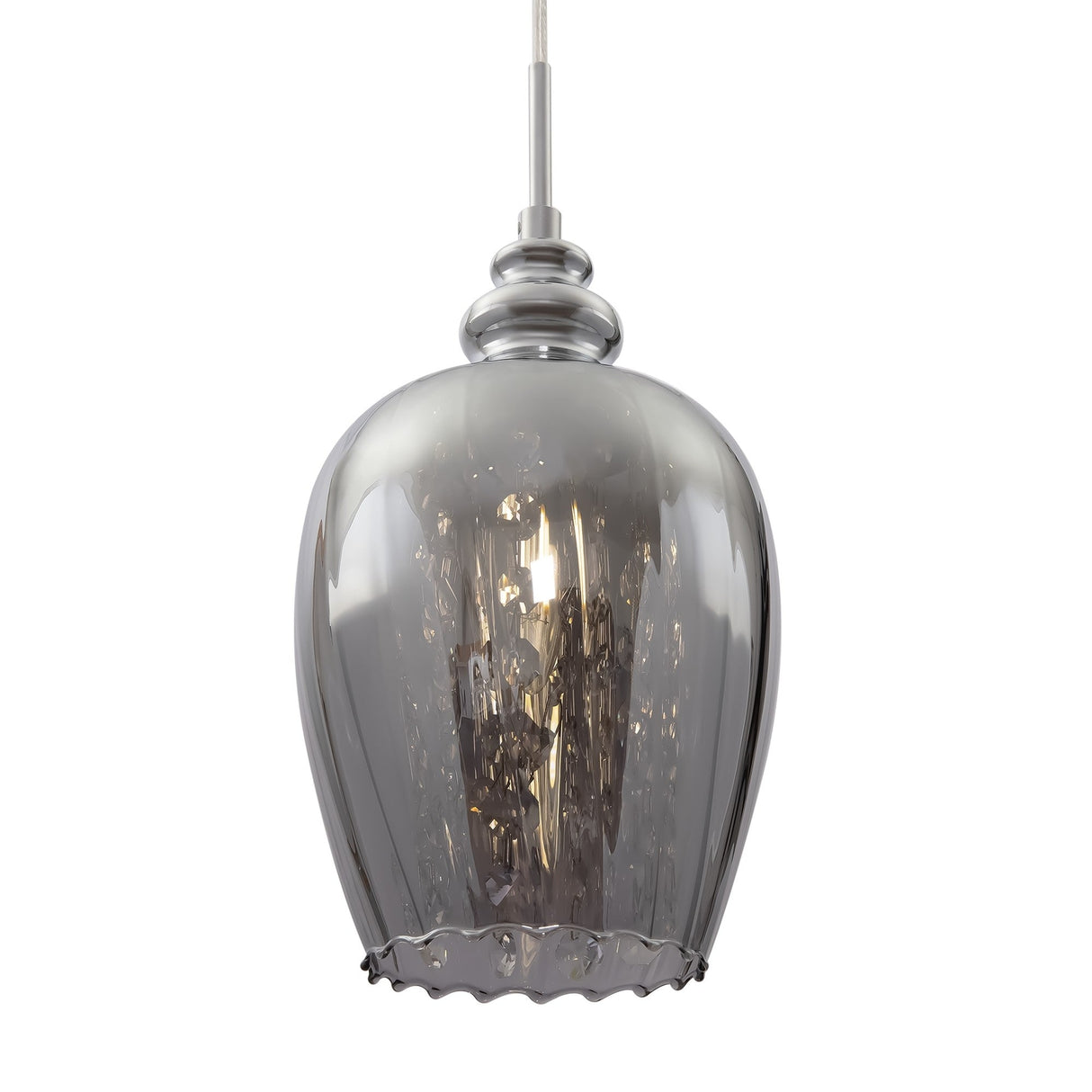 The Blues Pendant Light - Nickel With Smoked Glass boasts a transparent, smoked glass shade and decorative interior design. Its nickel-finished metal mount and visible cord infuse modern elegance into this chic fixture.