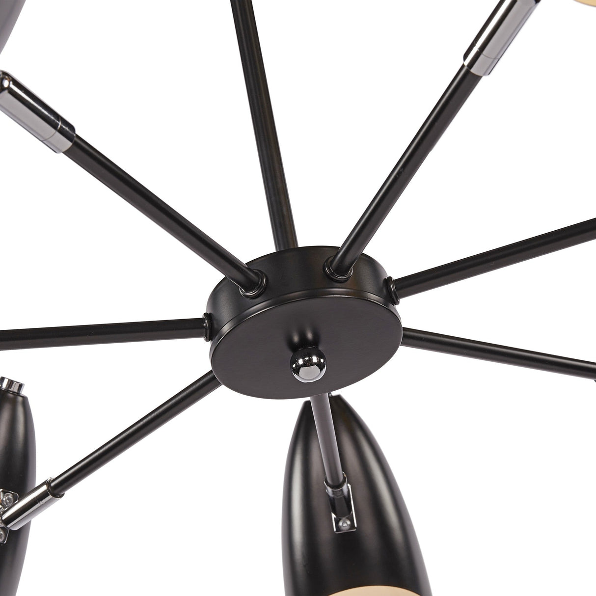 Detailed view of the Aida 7 Light Chandelier in black, highlighting its unique geometric arrangement