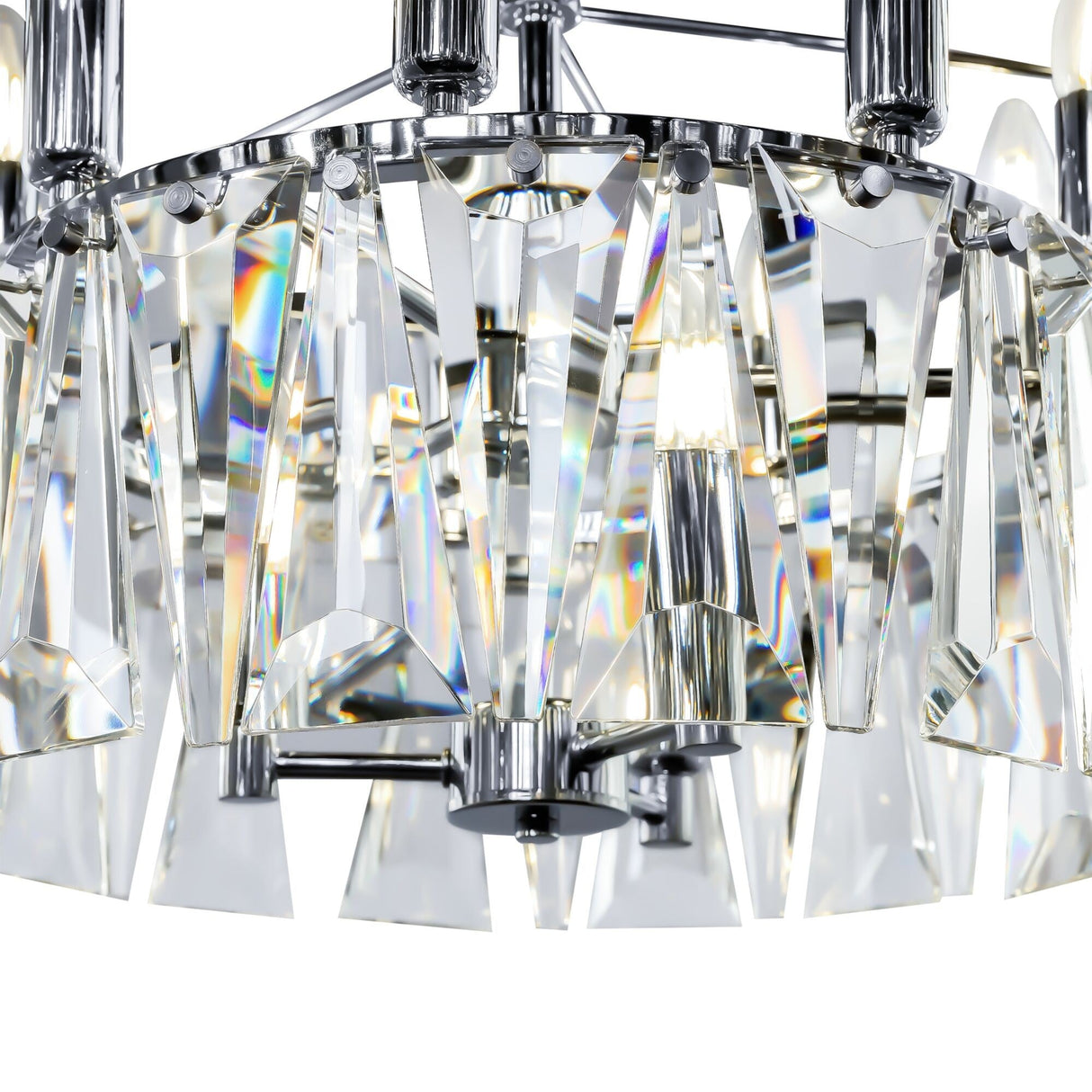 Close-up of the Puntes 12 Light Chandelier in Chrome, showcasing sleek crystal prisms around a central light source that reflect and refract light to create a subtle rainbow effect.