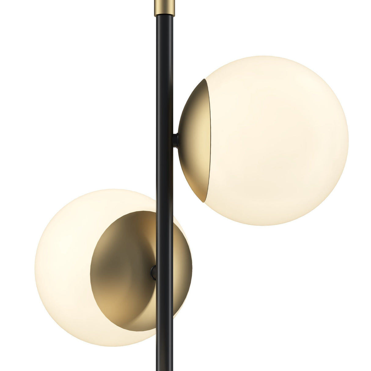 The Nostalgia Floor Lamp - Gold & Black features two modern spherical lamps on a vertical black pole. Their frosted glass domes, accented by gold metallics, cast a warm glow, blending minimalist and contemporary styles with vintage charm.