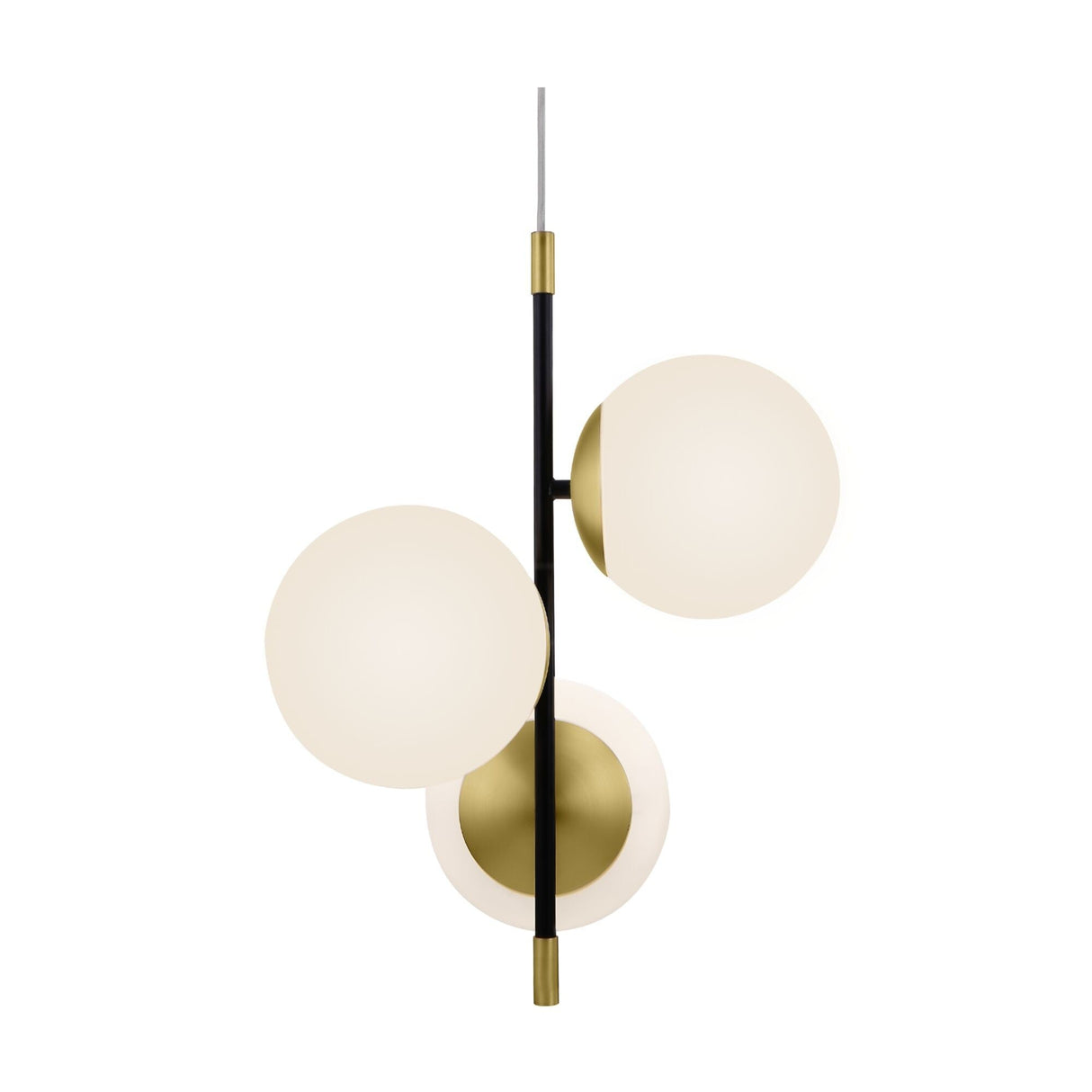 Introducing the Nostalgia 3 Light Pendant - Black & Gold With Frosted Glass: a modern fixture featuring three asymmetrically arranged frosted glass dome shades on a vertical matte black and gold rod, offering a contemporary yet nostalgic look.