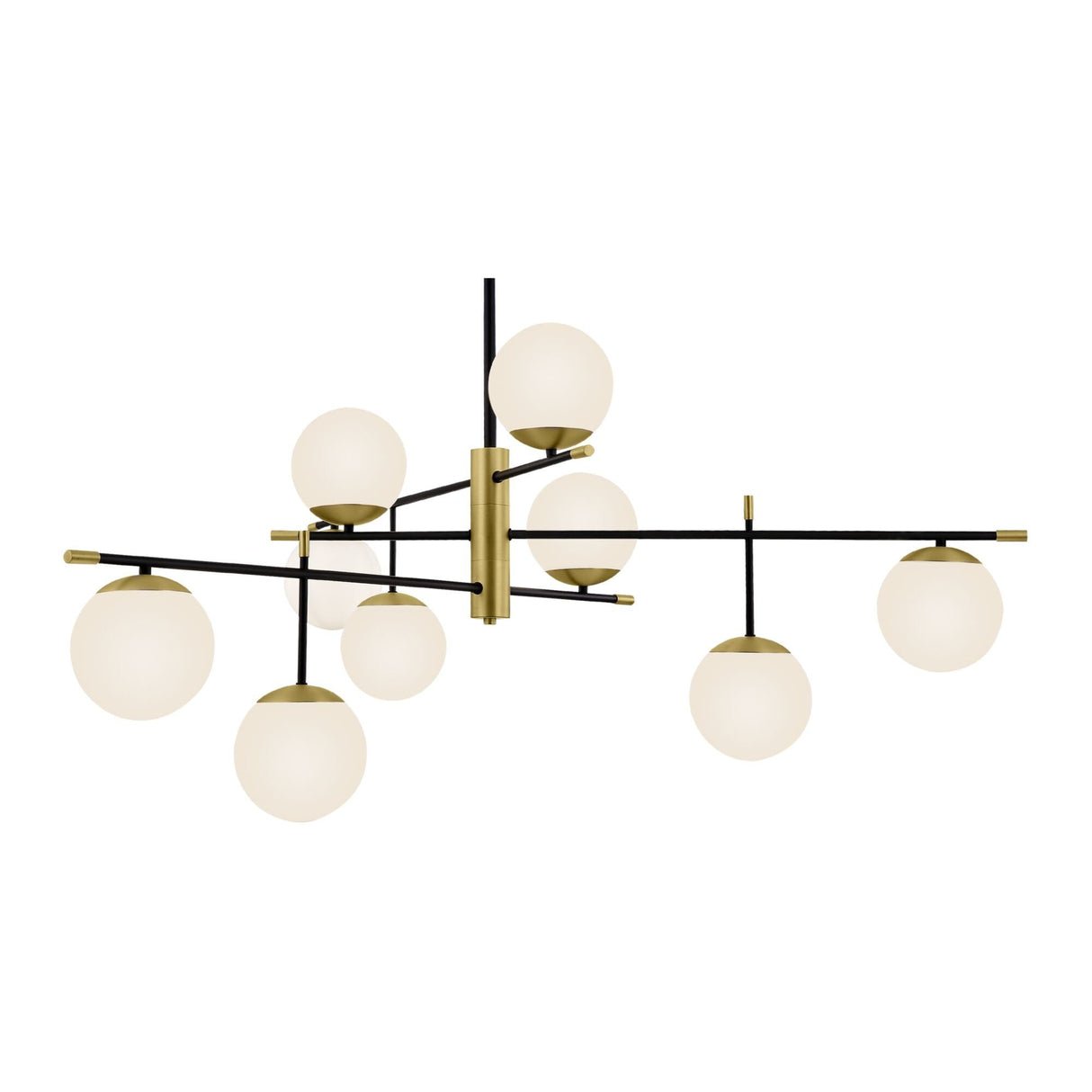 The Nostalgia 9 Light Chandelier - Gold showcases a modern design with black metal rods extending outward, each supporting a round frosted glass globe. This elegant piece features a geometric pattern with nine symmetrically arranged lights.
