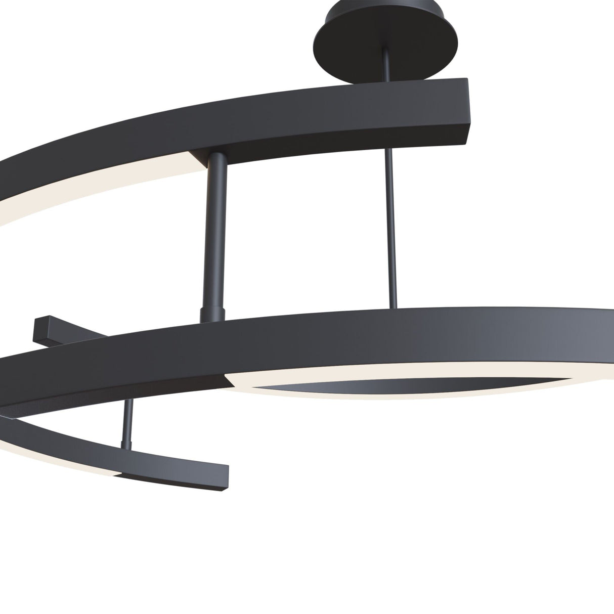 The Line LED Circular Suspension 3000K - Black features a sleek, minimalistic design with two circular LED rings. Its adjustable in height for versatile placement and suspended by vertical rods, emphasizing clean lines and modern style against a white background.