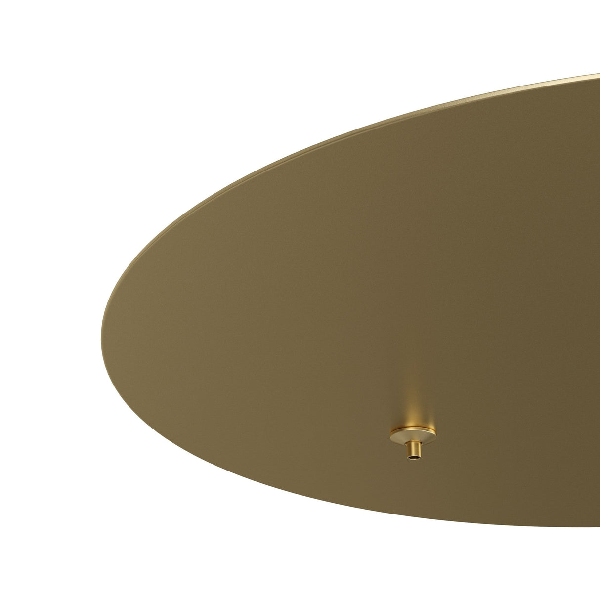 The Rim Cluster Canopy 2 Light Round - Brass, shown in a close-up against a plain white background, features a smooth, gold-colored disc with a small cylindrical attachment below, embodying the allure of luxurious lighting.