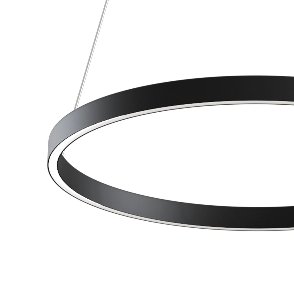 The Rim LED Circular Suspension Light 60cm 4000K - Black boasts a sleek, modern design with a circular black frame and white interior, suspended by two thin wires. Its minimalistic style emphasizes geometric simplicity while providing efficient illumination against any white background.