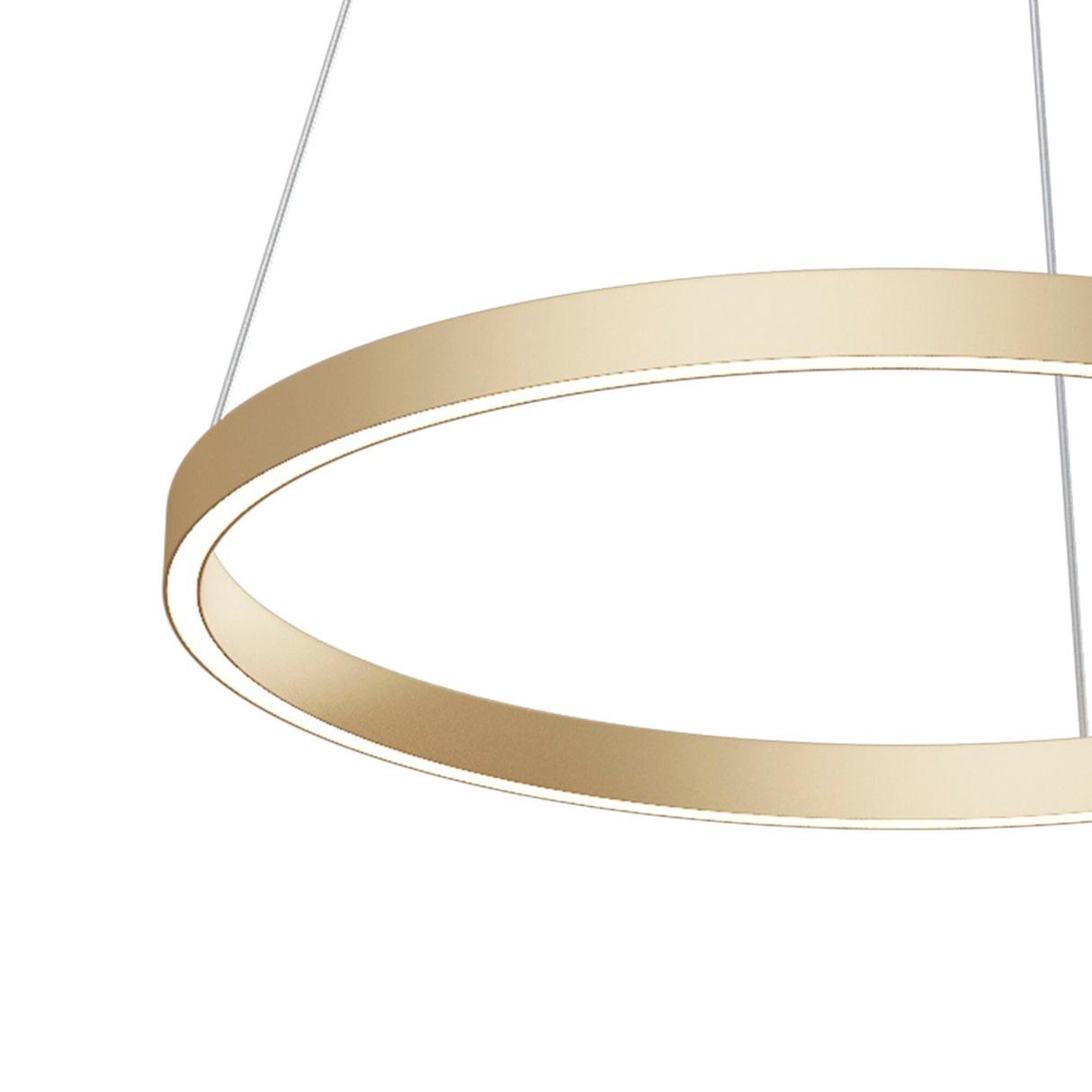 The Rim LED Circular Suspension Light 60cm 4000K in brass features a height-adjustable fixture with a sleek gold finish, suspended from thin wires to create an elegant, minimalist design against a clean background.