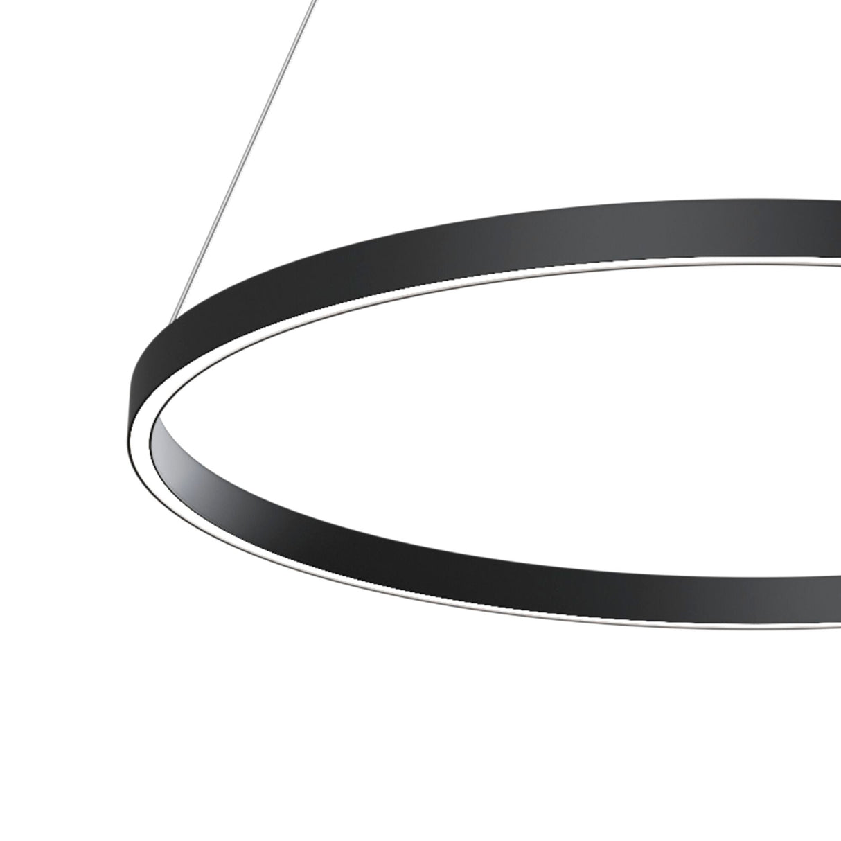 The Rim LED Circular Suspension Light 80cm 4000K - Black features a sleek, modern design with an 80cm diameter. It has a slim profile and is suspended elegantly from two thin wires against a white background.