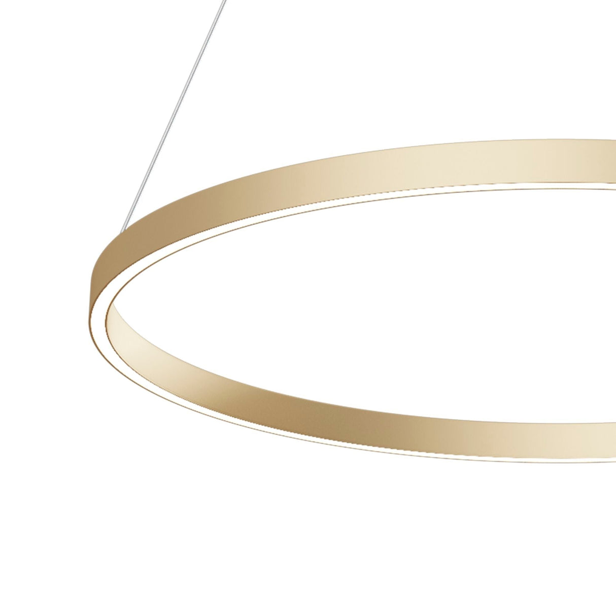 The Rim LED Circular Suspension Light 80cm 4000K - Brass features a minimalist design with a metallic brass finish. Hanging from a single wire, it emits a soft glow with integrated LEDs, making it ideal for modern interiors.