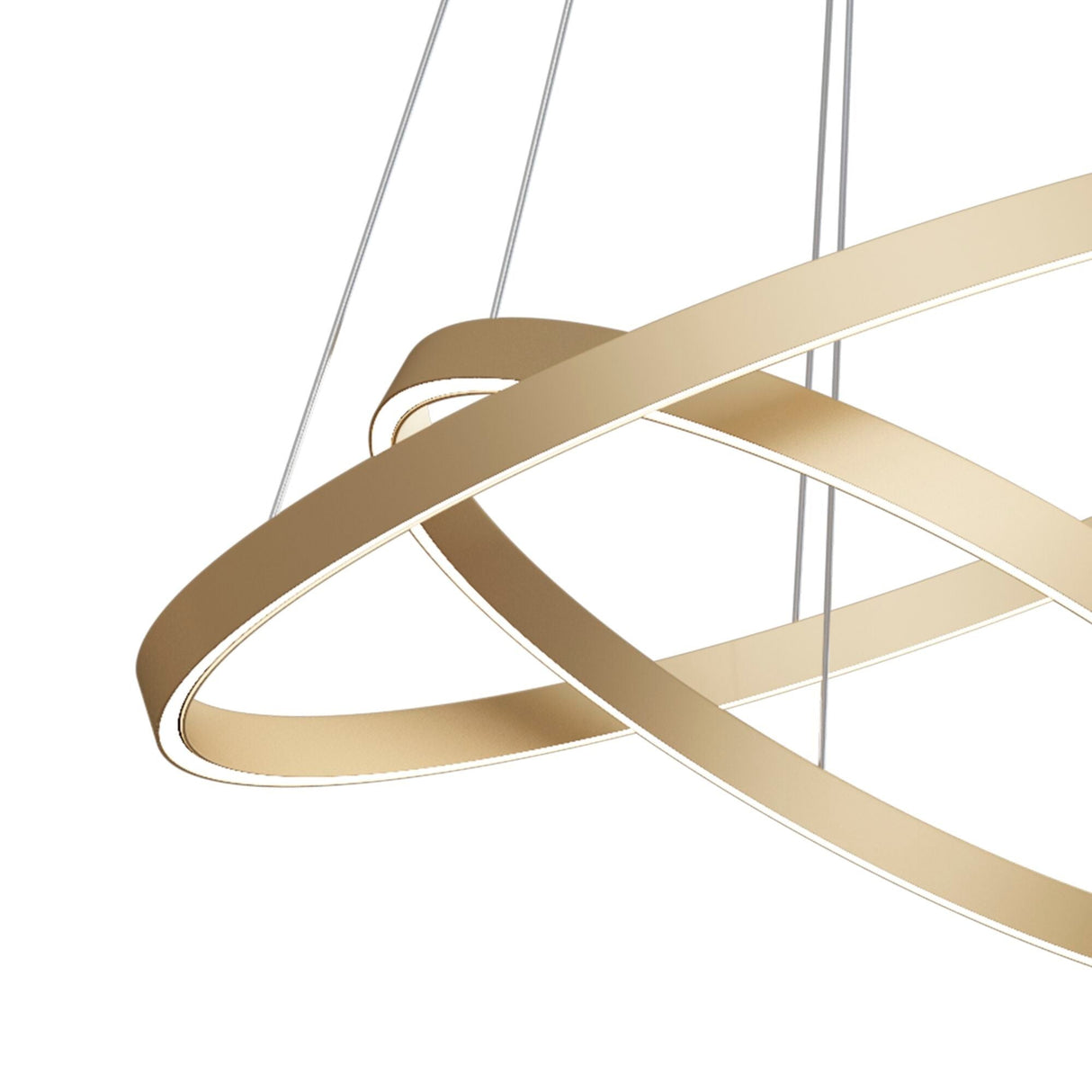 The Rim LED Double Circular Suspension Light 88W 4000K - Brass features overlapping golden rings and a brass finish, elegantly suspended from thin wires. The LED lights along the inner edges create a stunning floating effect, ideal for enhancing modern interiors against a white backdrop.