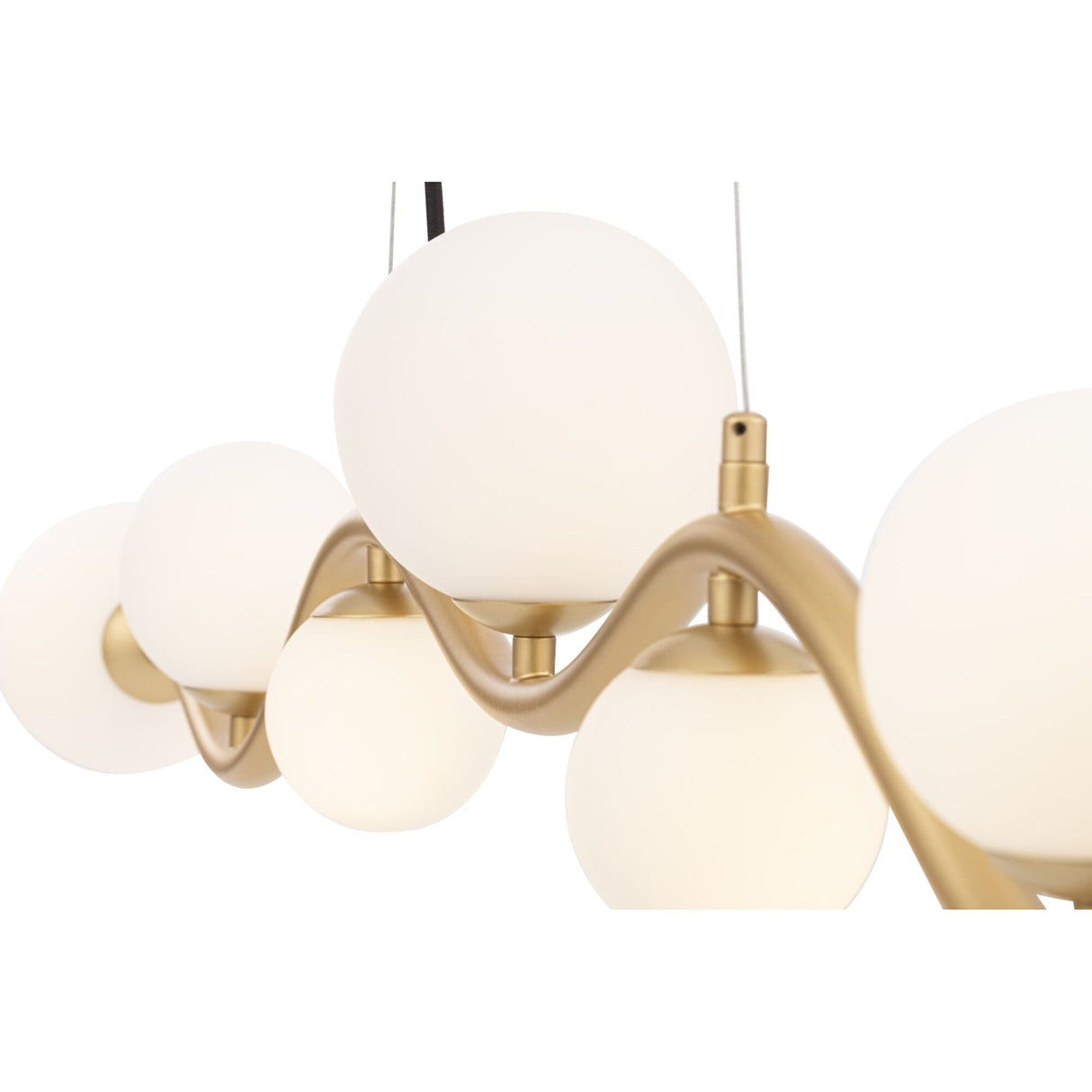 Close-up of the Uva 7 Light Linear Suspension - Gold, showcasing its sleek wavy gold structure and multiple frosted glass globes, emphasizing smooth curves and a warm metallic finish.