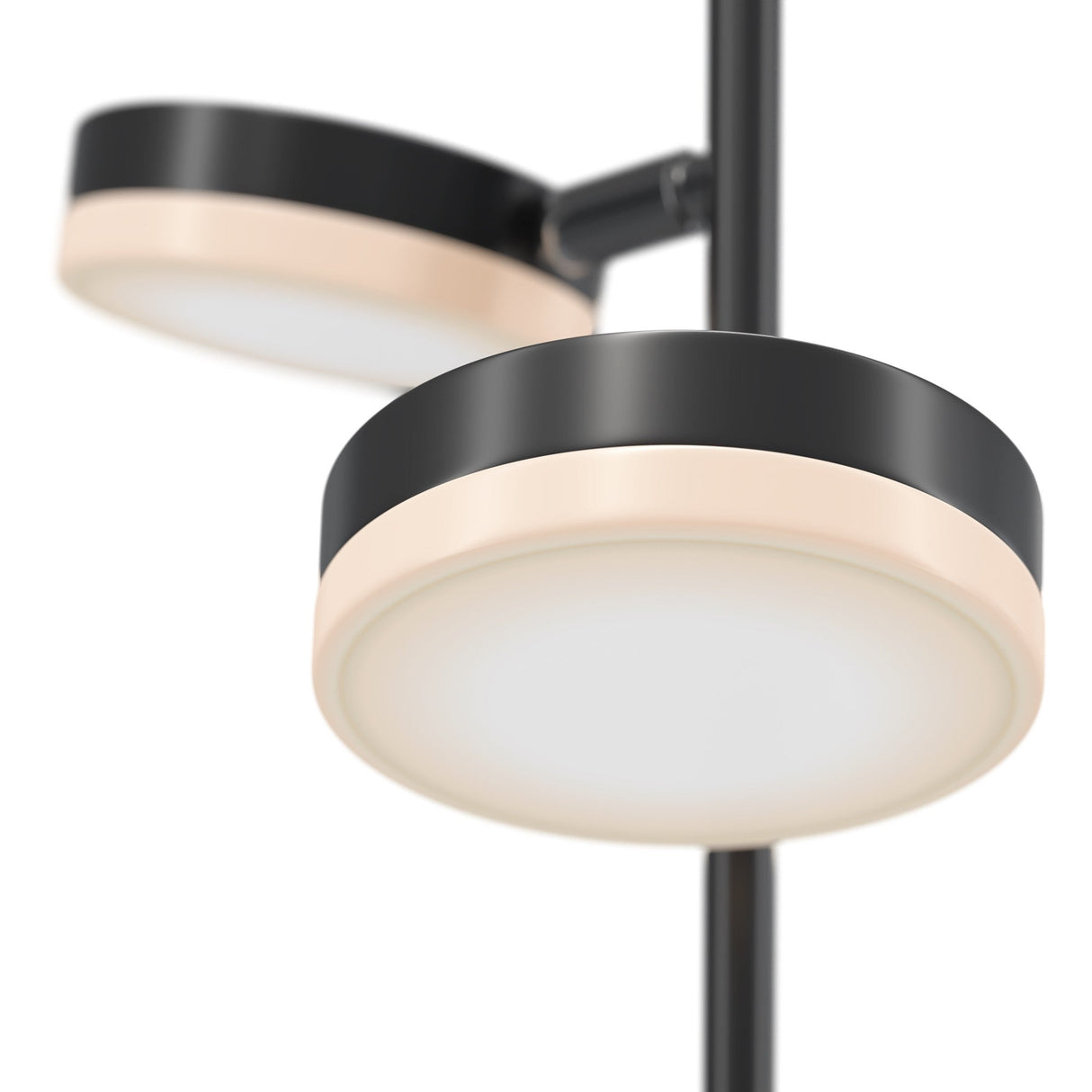 Close-up of the Fad Adjustable LED Pendant - Black featuring two modern circular lights with black frames and beige edges on a vertical pole. The adjustable height enhances its sleek and contemporary look against a white background, embodying modern lighting design.