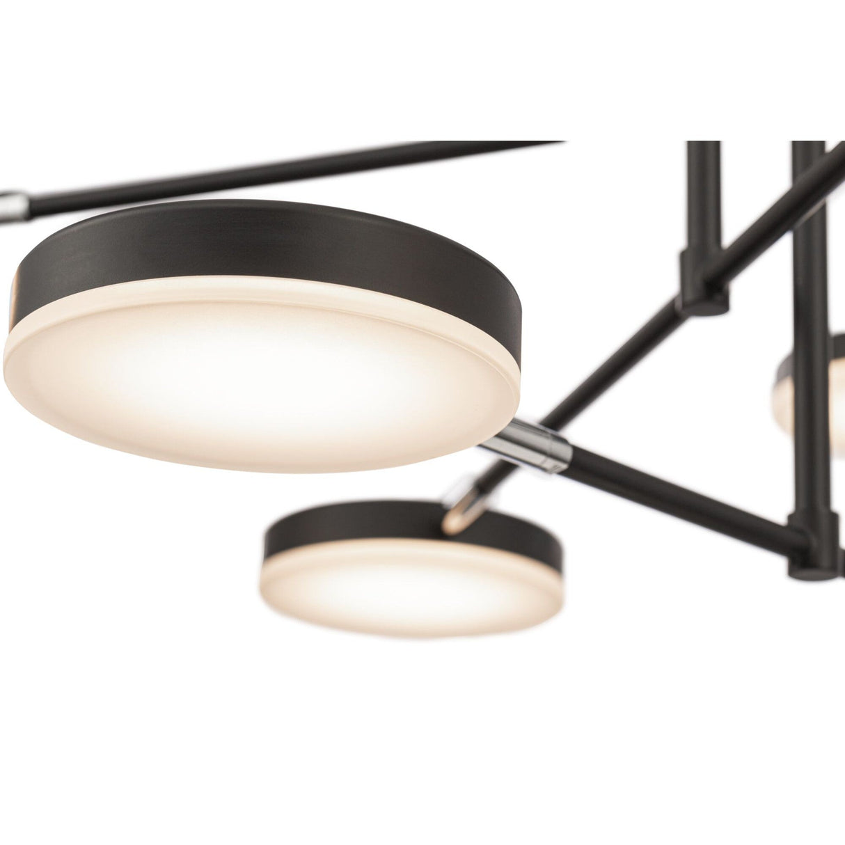A close-up of the Fad LED 8 Light Chandelier - Black shows its adjustable arms and two circular LED lights. It features black rims, a minimalistic metal frame, sleek lines, and a contemporary design.
