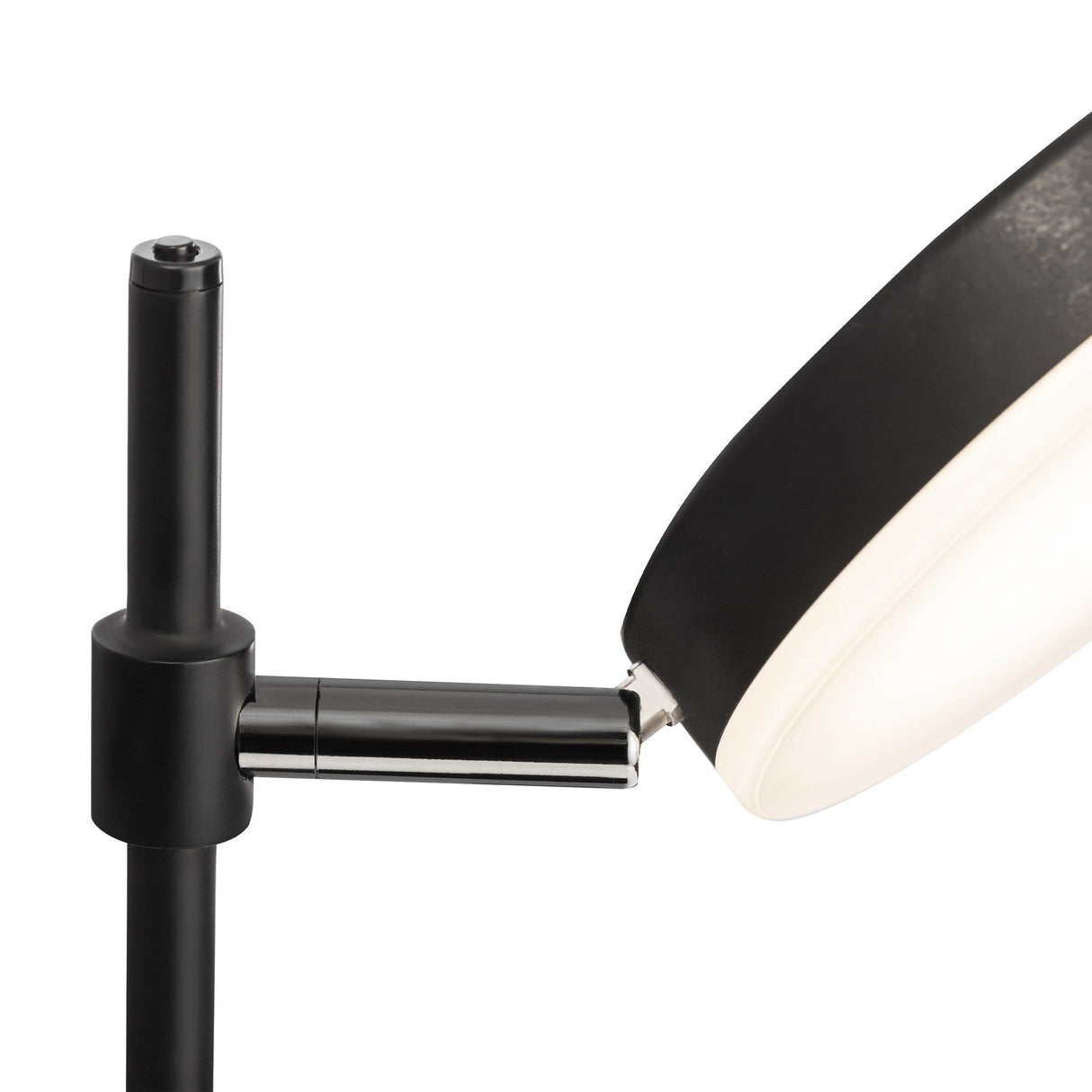 The Fad LED Table Lamp - Black features a modern design with a circular LED head, adjustable arm, and sleek cylindrical base. Its minimalist style includes energy-efficient lighting and a dimmer switch for customizable brightness.
