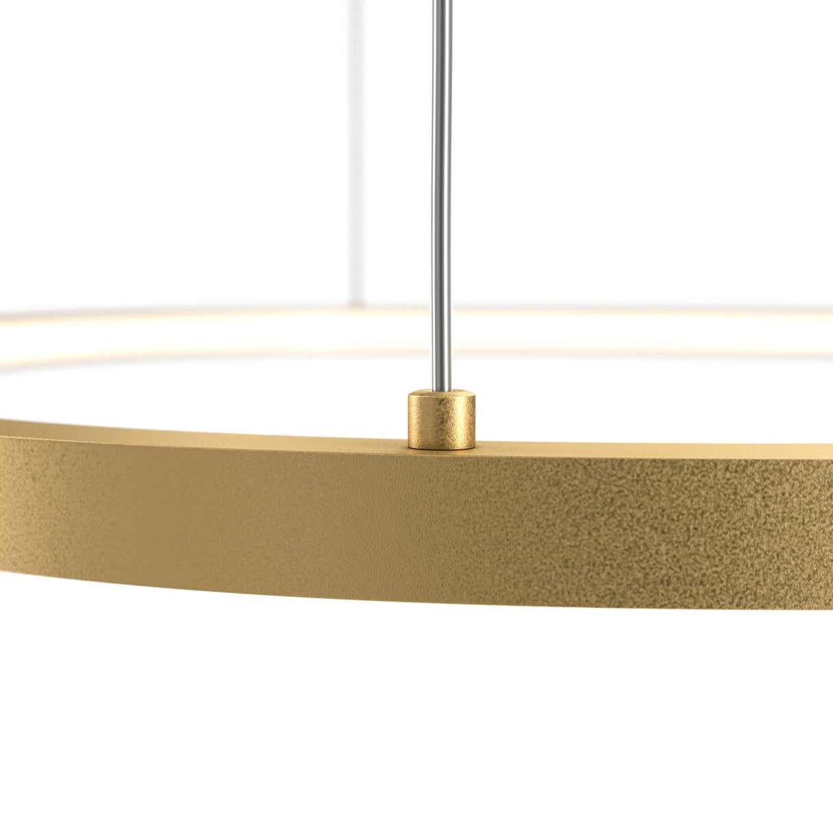 Close-up of the Glint LED Circular Suspension Light 60cm - Brass, a modern luxury gold pendant with a textured finish, elegantly suspended by a thin rod against a plain white background.