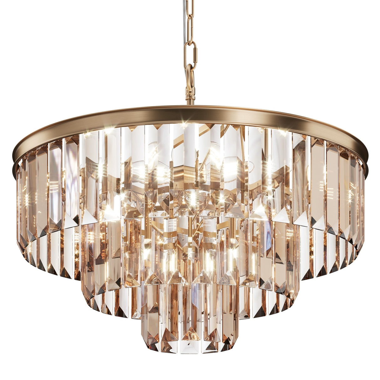 The Revero 7 Light Chandelier - Gold is a luxurious masterpiece with tiers of crystal prisms on a gold frame, suspended by a matching chain. It offers bright, warm lighting that enhances any space with sophistication and elegance.