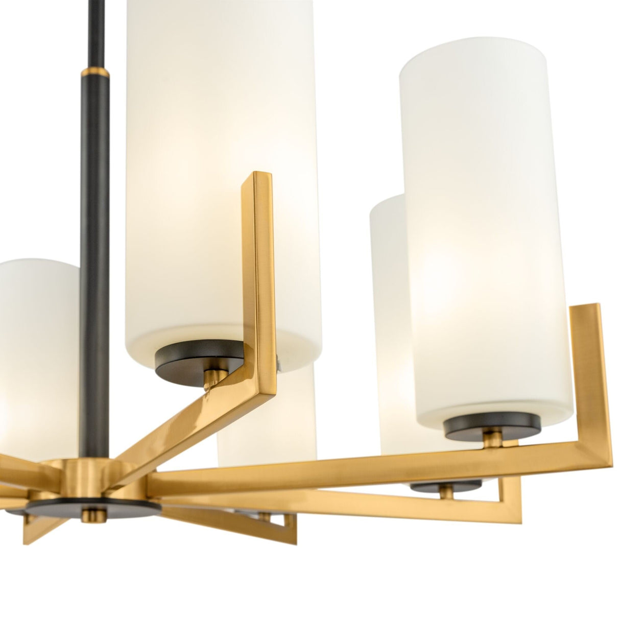 The Fortano 8 Light Chandelier features cylindrical white glass lampshades and a sleek, angular brass frame with a central black rod, offering a stylish and contemporary modern design.