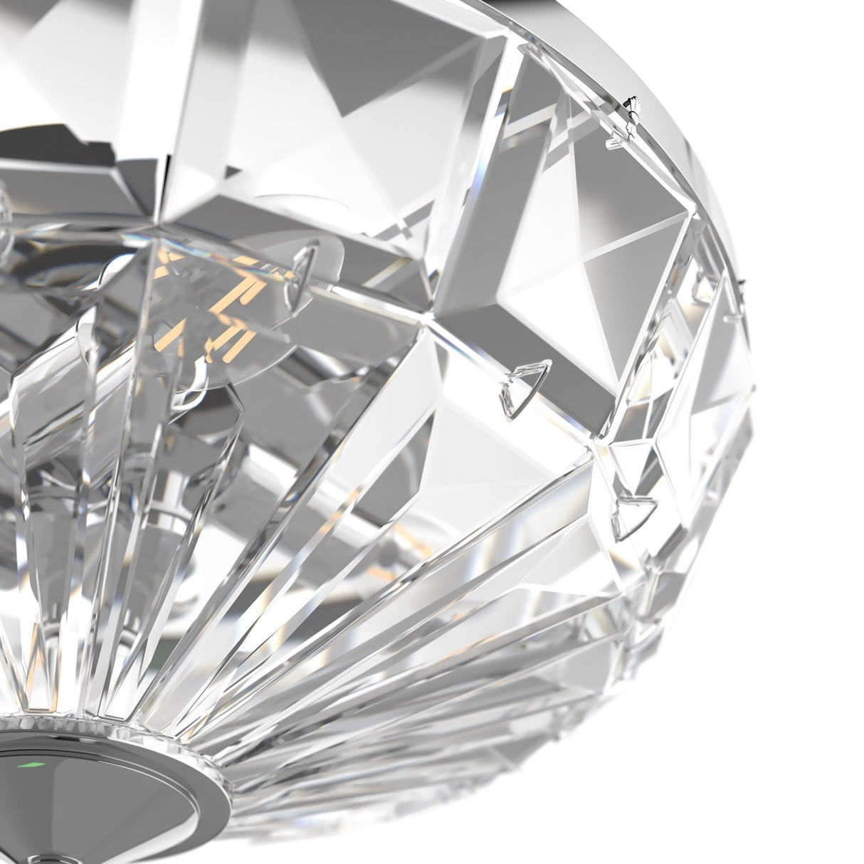 The Facet 4 Light Flush - Chrome & Crystal features solid crystal faces, emitting soft, warm light. Its intricate cuts produce a spectrum of reflections, highlighting an elegant and modern design with chrome and crystal accents against a white background.