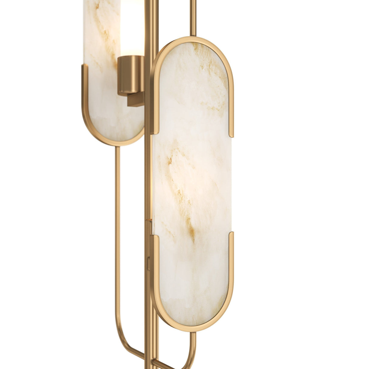 The Marmo 2 Light Floor Lamp in Brass showcases elongated, oval-shaped marble-effect lamps in a sleek gold frame. Its elegant design emphasizes clean lines and luxurious natural stone elements.