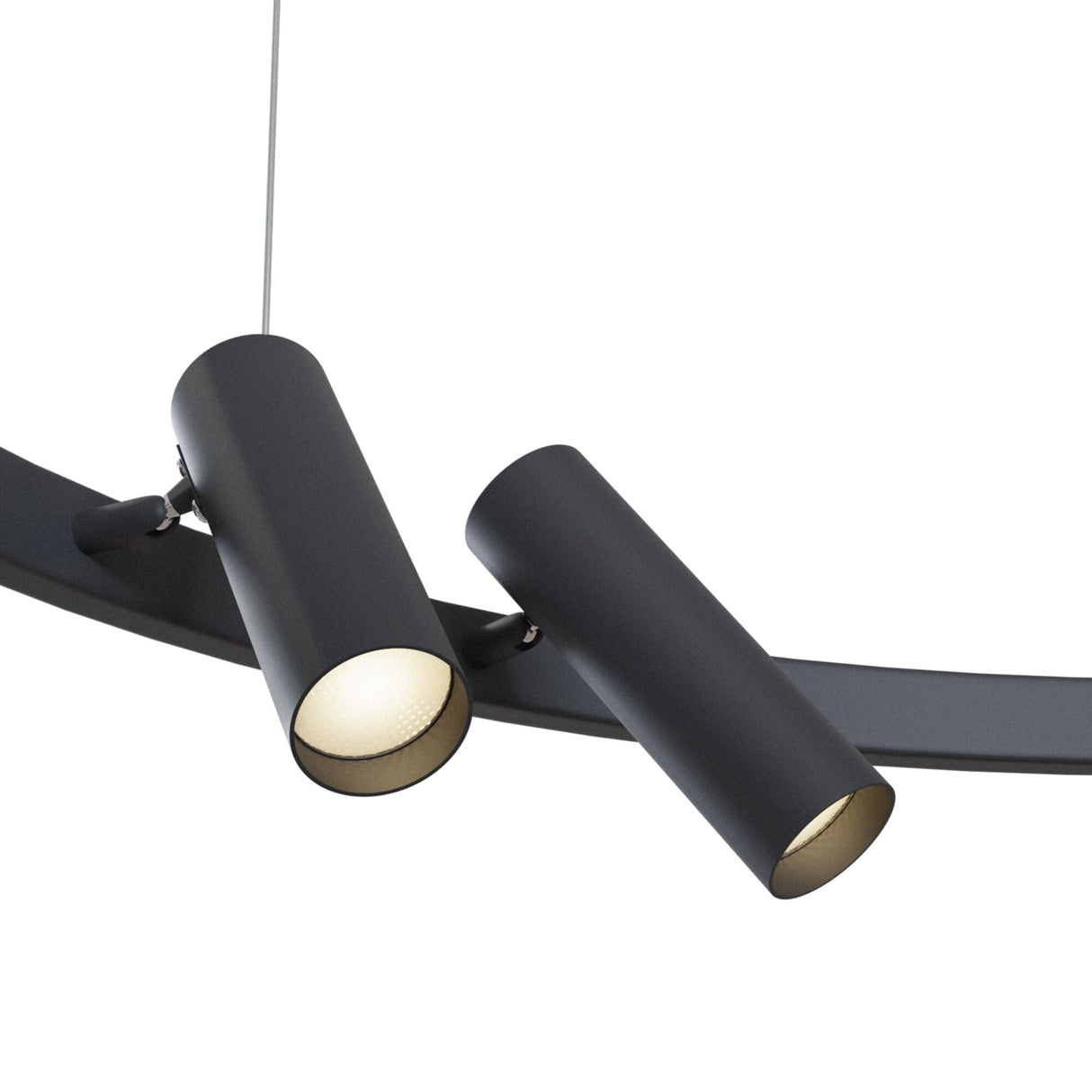 The Satellite LED Circular Suspension Light - Black is a modern fixture with two black cylindrical pendant lights on a curved metal bar, featuring adjustable spotlights perfect for industrial interiors, with one angled downwards against a white background.