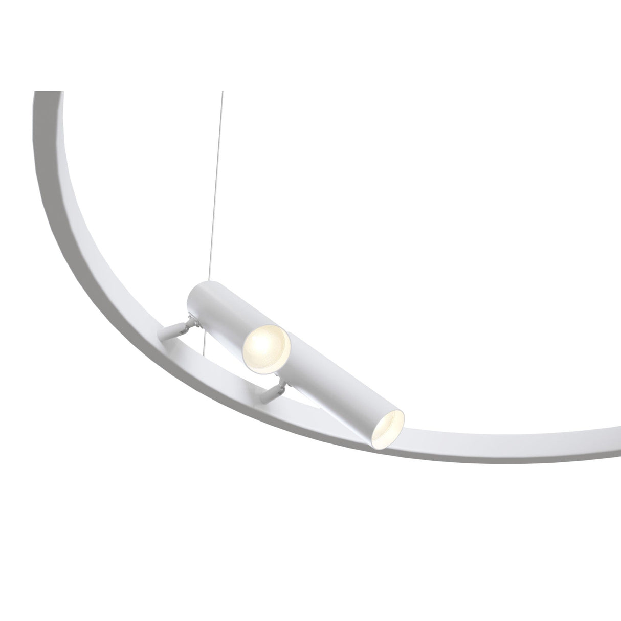 Detailed shot of Satellite LED circular suspension light in white, highlighting its sleek and circular form.