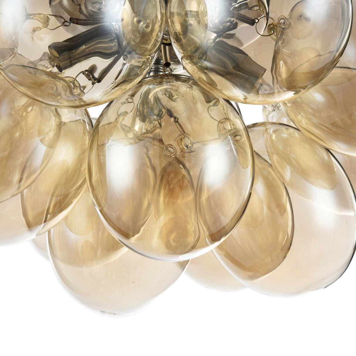 Close-up of the Balbo 4 Light Semi-Flush in Nickel with clustered cognac glass domes, reflecting light and metal accents, set against a white background for a modern, elegant look.
