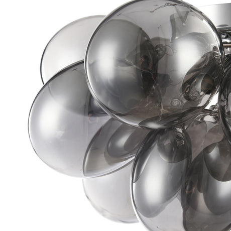 A close-up of the Balbo 4 Light Semi-Flush features a cluster of reflective smoky glass orbs in a spherical arrangement. The modern industrial design boasts a glossy nickel finish that captures light and reflections, highlighting the orbs overlapping structure.