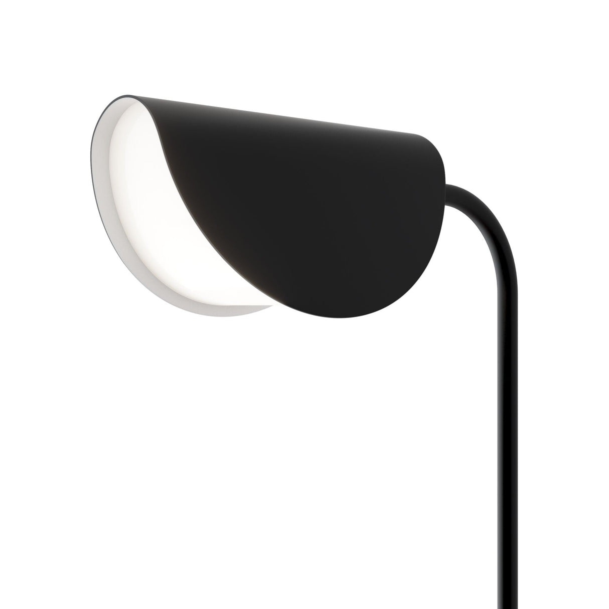 Discover the sleek and elegant Mollis Floor Lamp - Black. Featuring a cylindrical shade with a cut-out revealing a white interior atop a curved stand, this modern lamp emits ambient lighting, perfect for enhancing any contemporary space with minimalist elegance.