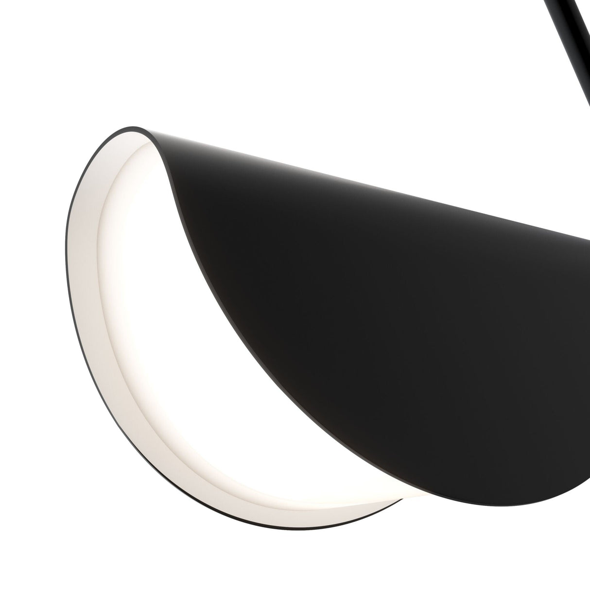 Close-up of the Mollis Curved Pendant Light - Black & White, a minimalist lamp with a smooth, curved design. Its black outer shell and soft white interior create a modern monochromatic look, resembling a folded arc or crescent ideal for ambient lighting.
