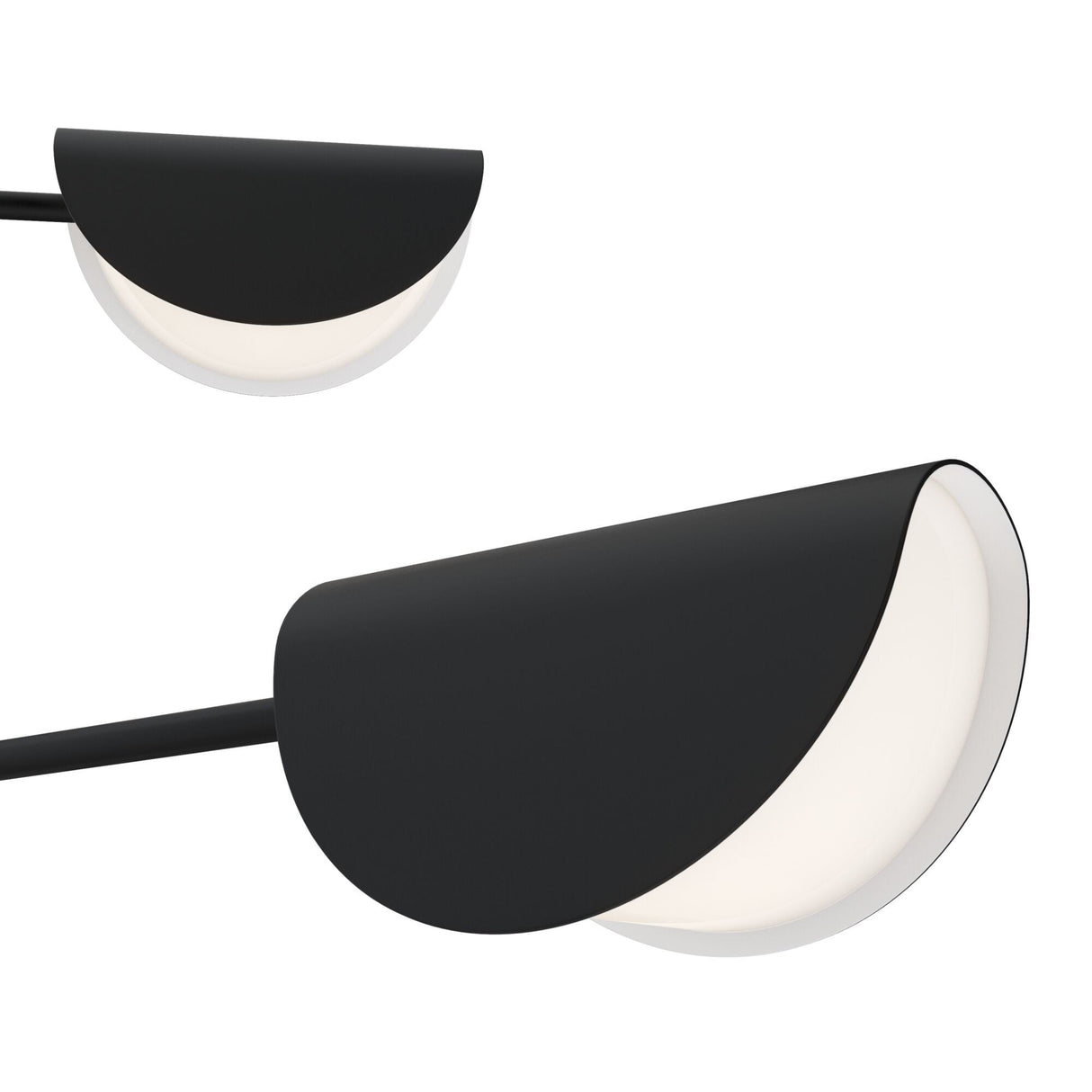 Close-up of sleek Mollis 8 Light Black Chandelier, showcasing modern industrial design. The larger fixture on the right and smaller above to the left feature a half-circle matte finish, casting soft downward light that enhances elegant modern lighting decor.