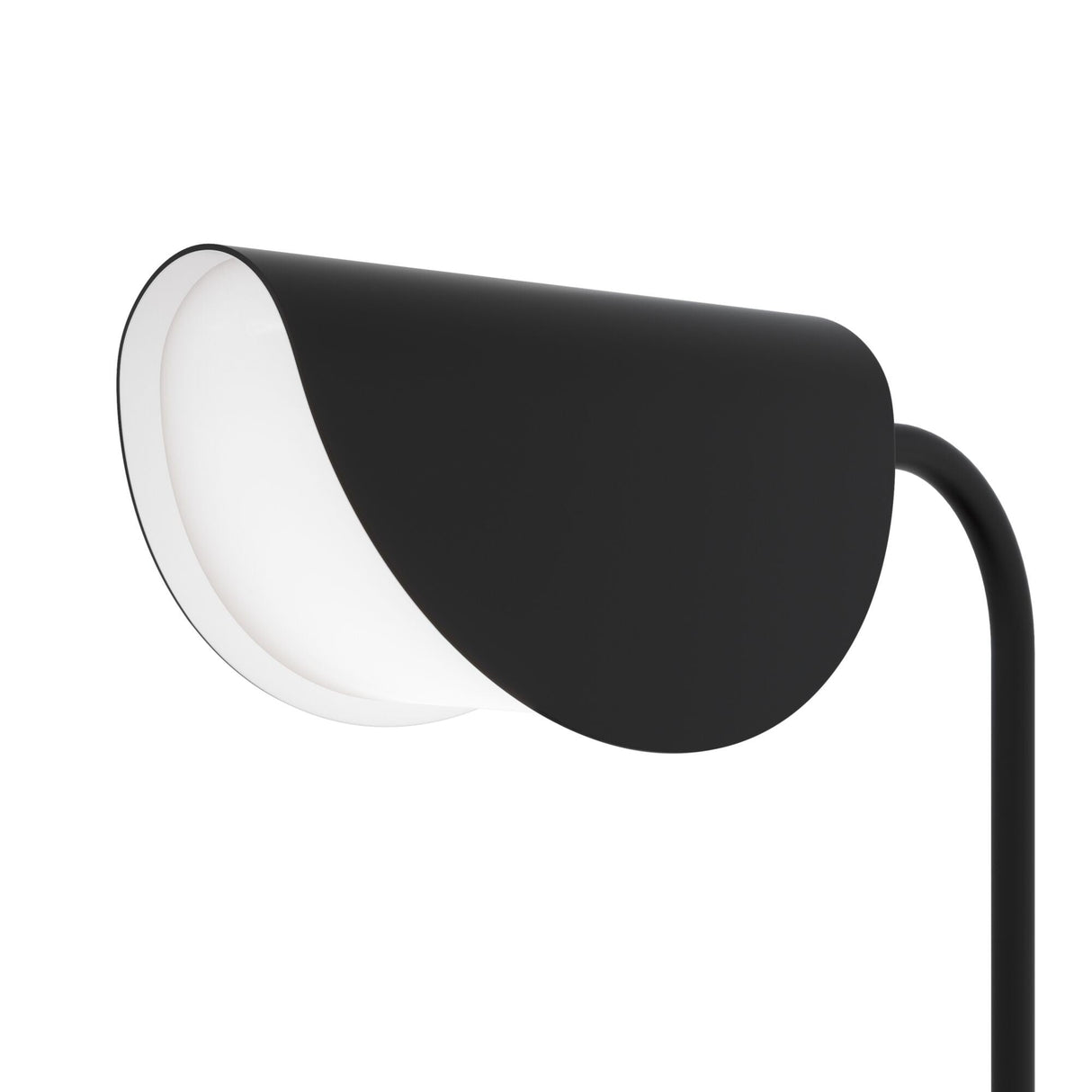 A close-up of the Mollis Table Lamp - Black highlights its minimalist curved design; the black metal base adds to its sleekness, while the partially revealed LED light source and plain white background enhance its contemporary elegance.