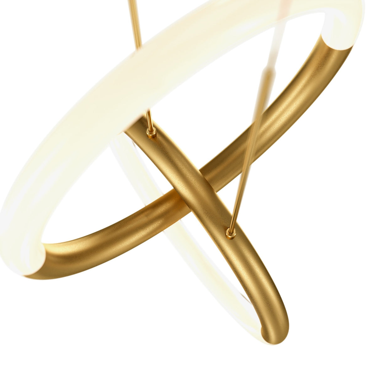 The Node LED 2 Rings Pendant Light in gold features intersecting tubular rings with glowing edges. These adjustable rings, suspended by slender vertical rods, create a dynamic, modern look against a white background.