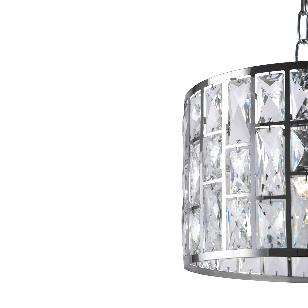 Close-up view of the Gelid 1 Light Chandelier - Chrome against a plain white background, featuring a chrome cylindrical metal frame with square cutouts, each holding a clear faceted crystal. The chandelier exudes sparkling elegance.