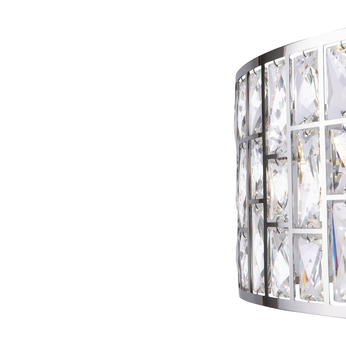 Close-up of the Gelid 4 Light Chandelier - Chrome, featuring a grid of clear faceted crystal glass on the right. The crystals create a chandelier-like sparkle, with the left side blank to highlight its chrome design.