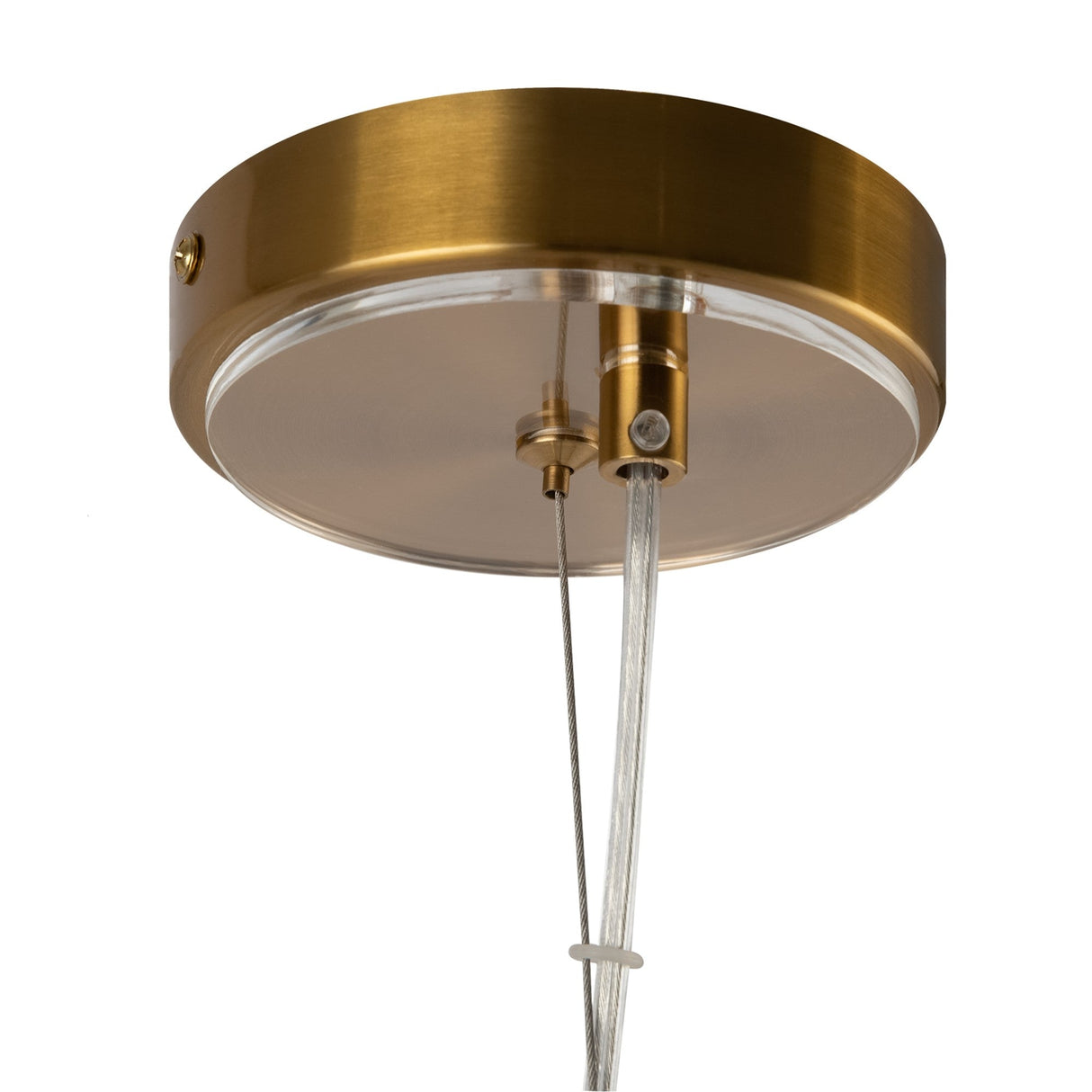 The Arco 3 Light Chandelier - Brass features a round, brass-colored fixture with two hanging wires. Its ribbed glass lampshades and metallic accents offer a sleek, modern yet mid-century design.