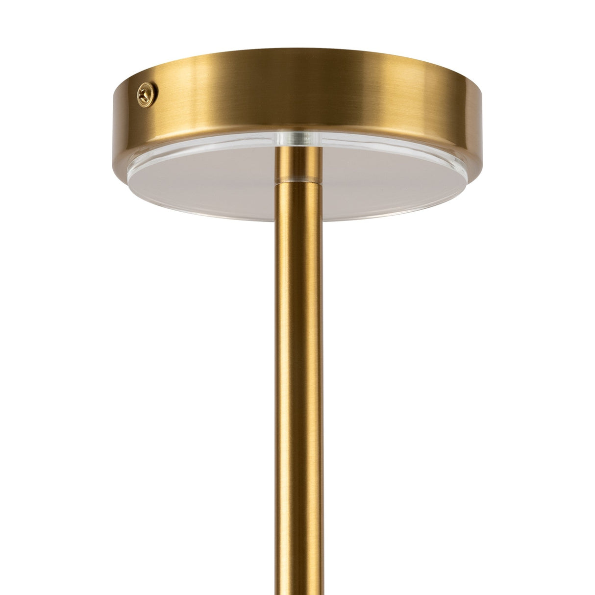 The Arco 6 Light Chandelier - Brass boasts a chic design with a cylindrical rod and round base. Its minimalist elegance is enhanced by ribbed glass lampshades beneath a white diffuse cover.