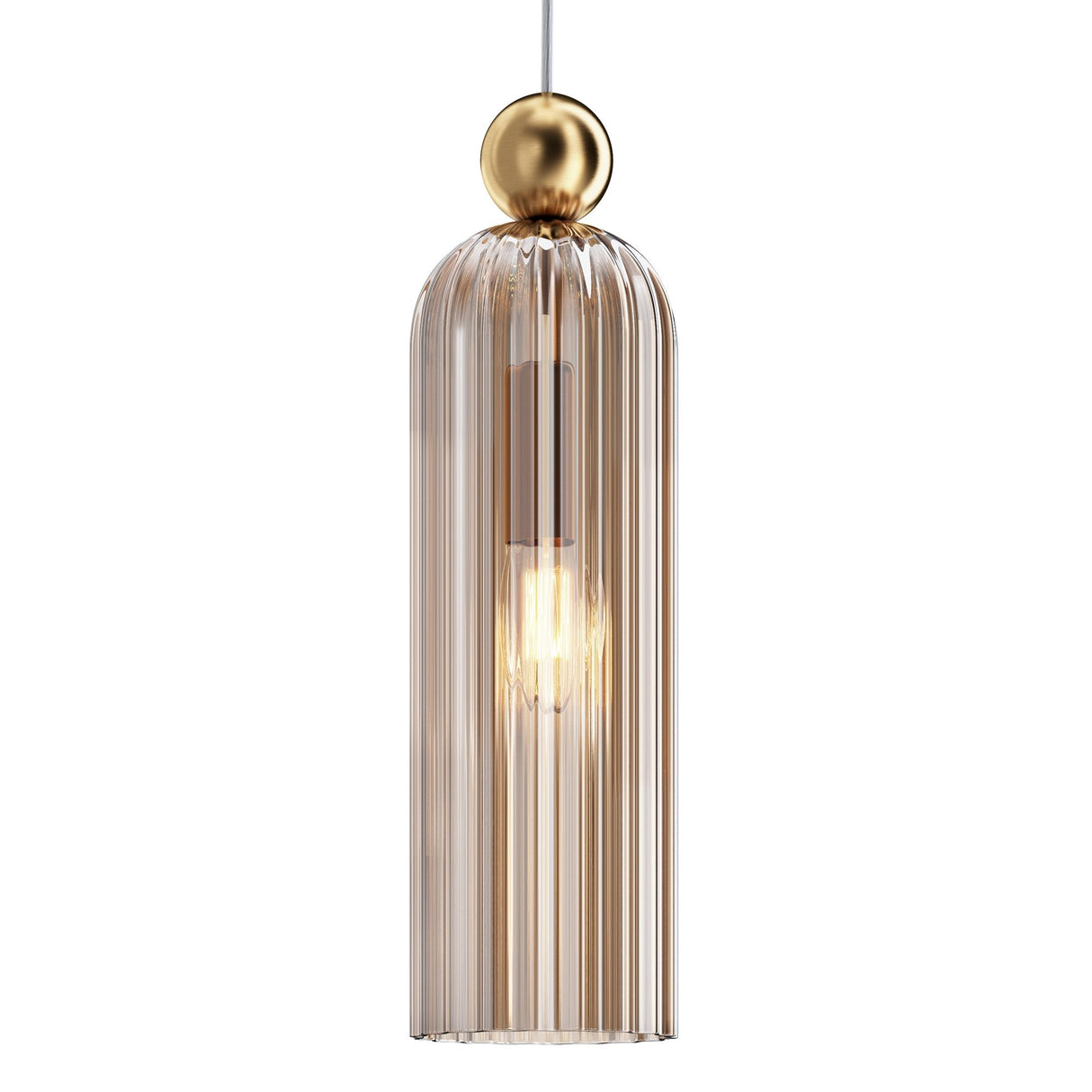 The Antic Pendant Light - Gold With Cognac Ribbed Glass features a vintage charm with its ribbed glass shade and inner glow. A shiny golden sphere connects it to the ceiling, adding a touch of gold cognac elegance.