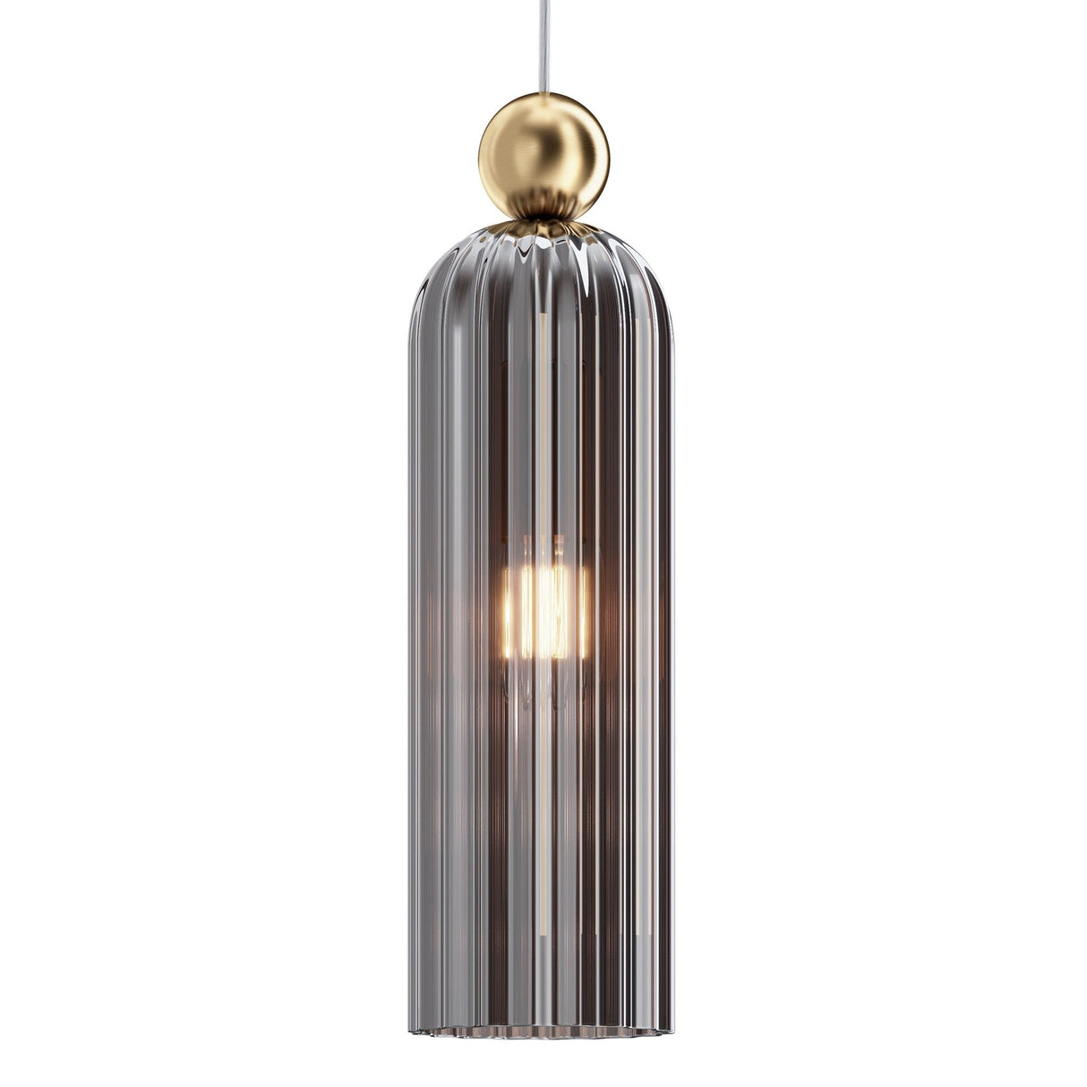 The Antic Pendant Light features a grey ribbed glass shade, a warm glowing bulb inside, and is elegantly anchored by a gold metal frame. A small, smooth metallic gold sphere connects it to the hanging cord.
