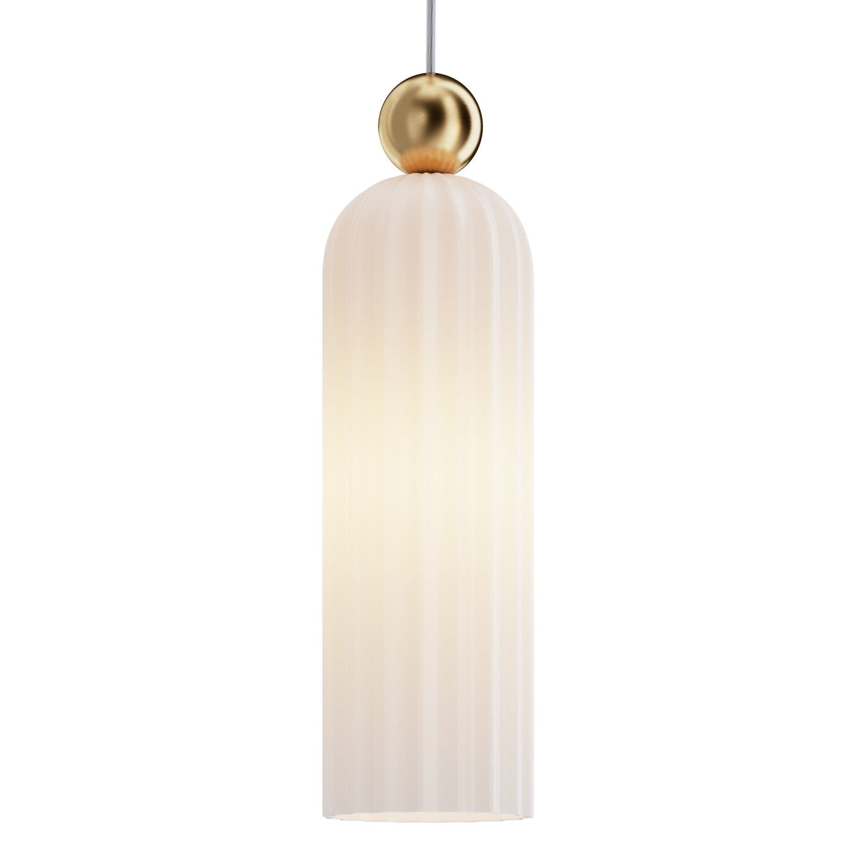 The Antic Pendant Light - Gold with Frosted Ribbed Glass elegantly features a cylindrical ribbed white shade, frosted glass underlay, and a gold metallic top, all suspended from a single cord.