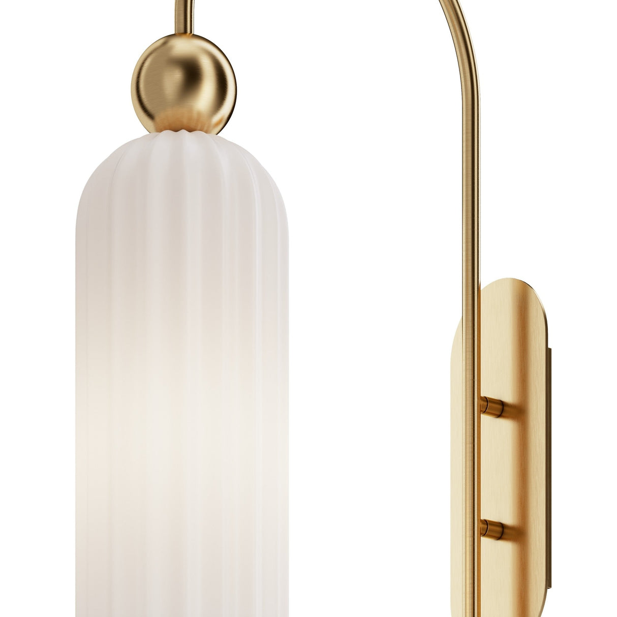 Close-up of an Antic Wall Light showcasing a luxurious gold finish and a vertical ribbed white glass lampshade. Its elegant design, featuring a gold arm and decorative backplate, adds refined sophistication to any space.
