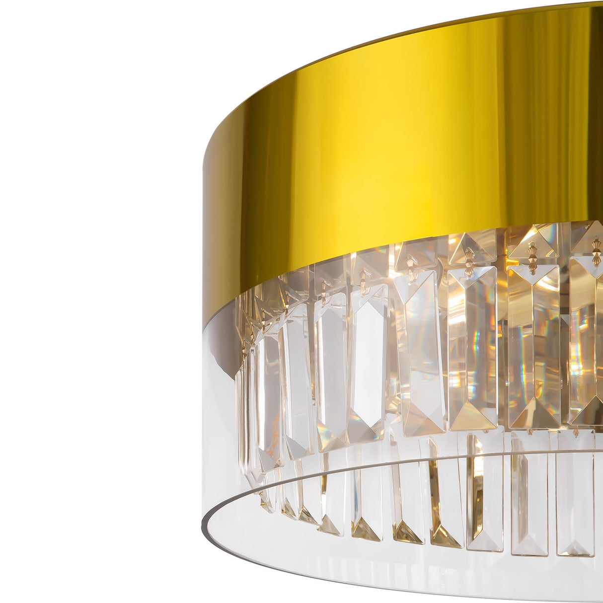 The Wonderland 4 Light Chandelier - Gold features a luxury design with a golden metallic band and clear crystal pendants arranged cylindrically, allowing light to reflect through the crystals and create a shimmering effect.