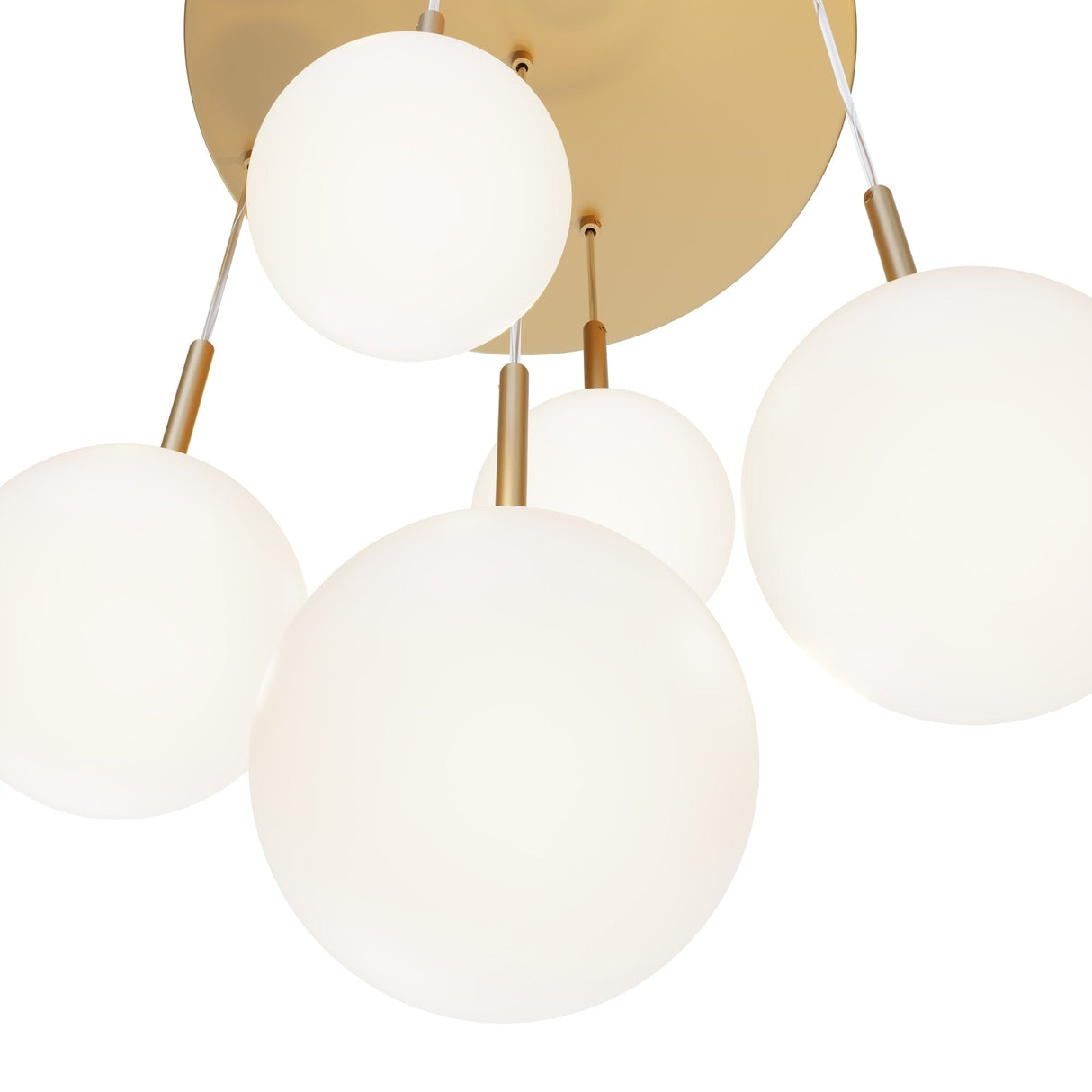 Close-up of the Basic Form 5 Light Cluster Pendant, featuring white opal glass spheres suspended from gold-colored rods, gracefully hanging from a circular gold base for a sleek modern design.