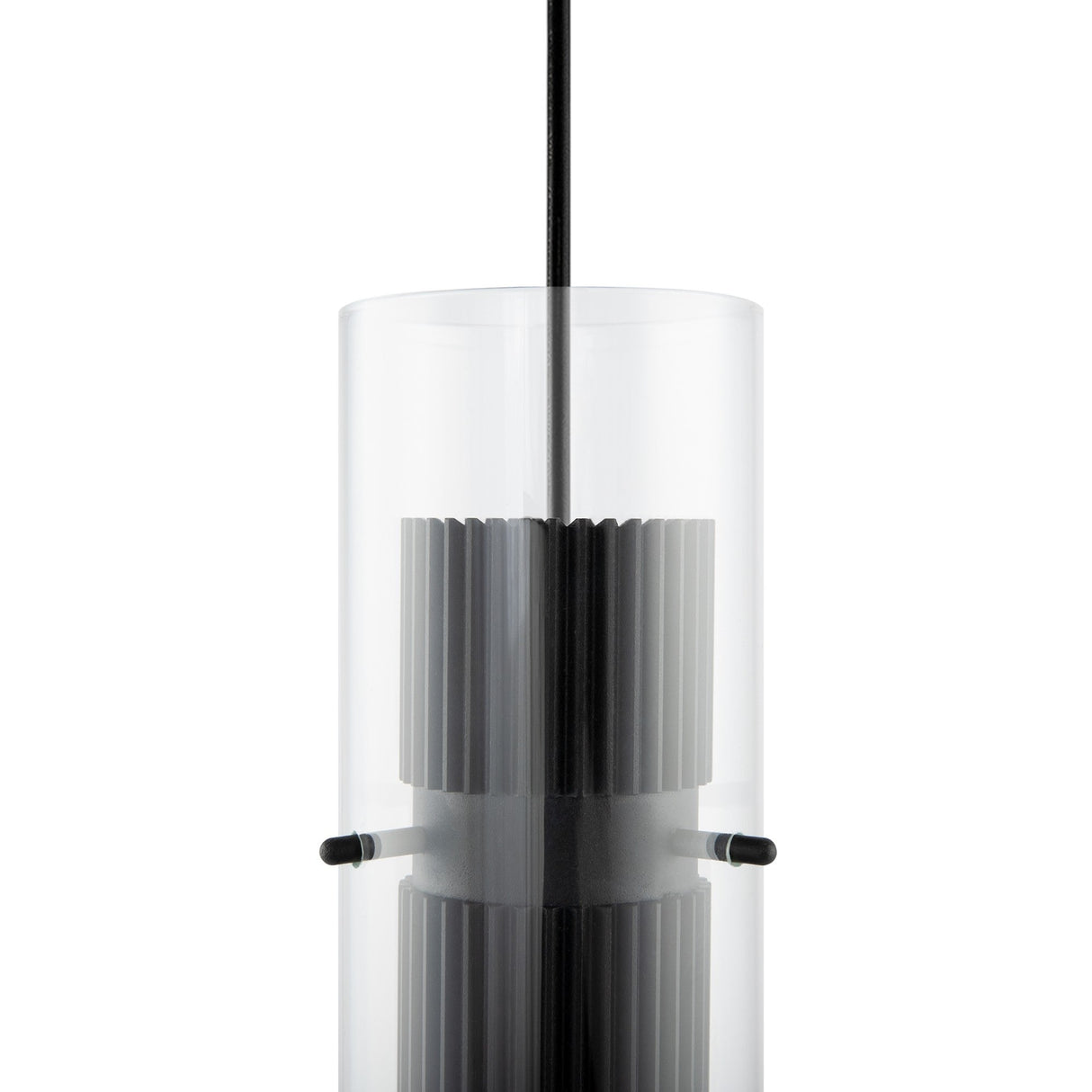 The Dynamics Pendant Light - Black With Outer Clear Glass features a cylindrical glass shade that encases a sleek, ribbed black structure with a matte finish. Its minimalist design is accented by an elegant black suspension cord from the top.